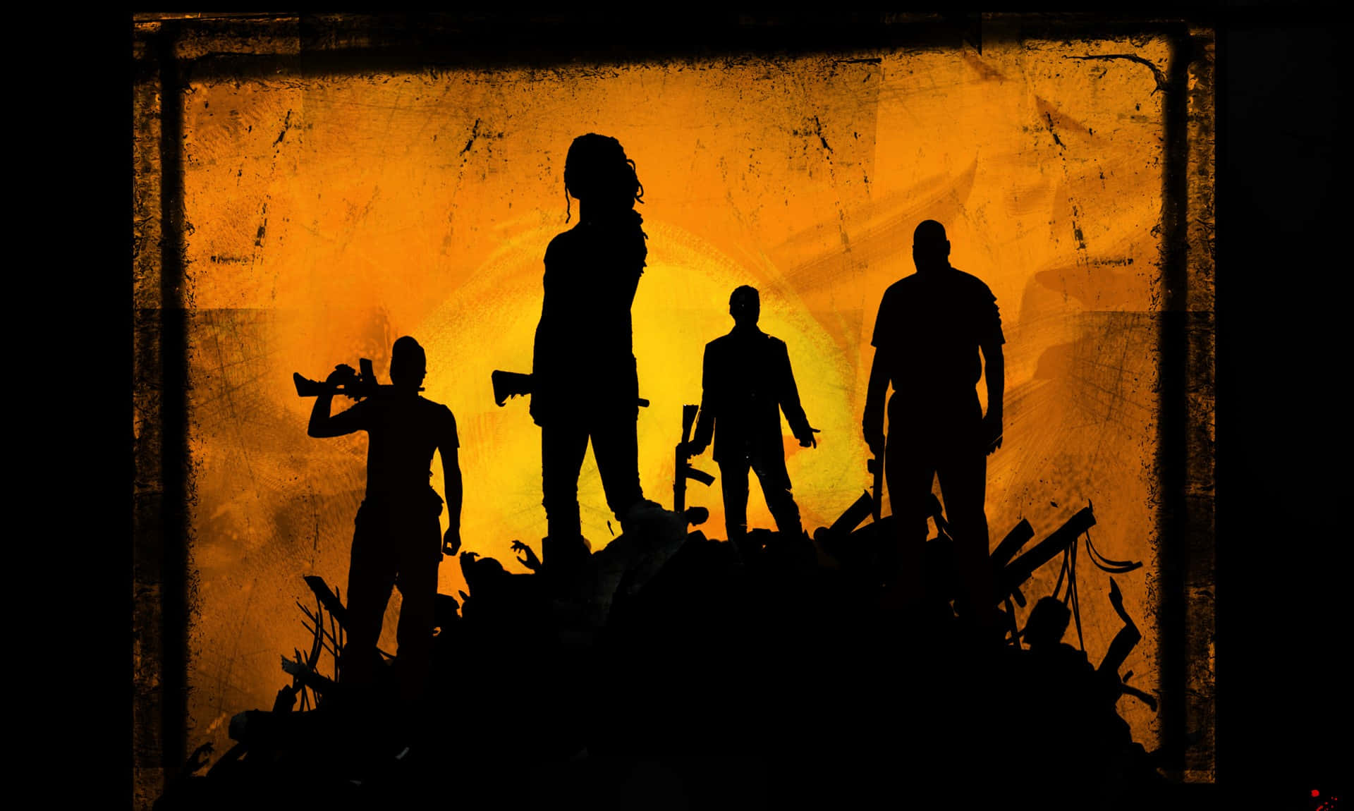 Left 4 Dead Characters 桌布 壁紙 — 四名武裝生還者以剪影形式站在瓦礫上，背景是發光的橙色日落。
