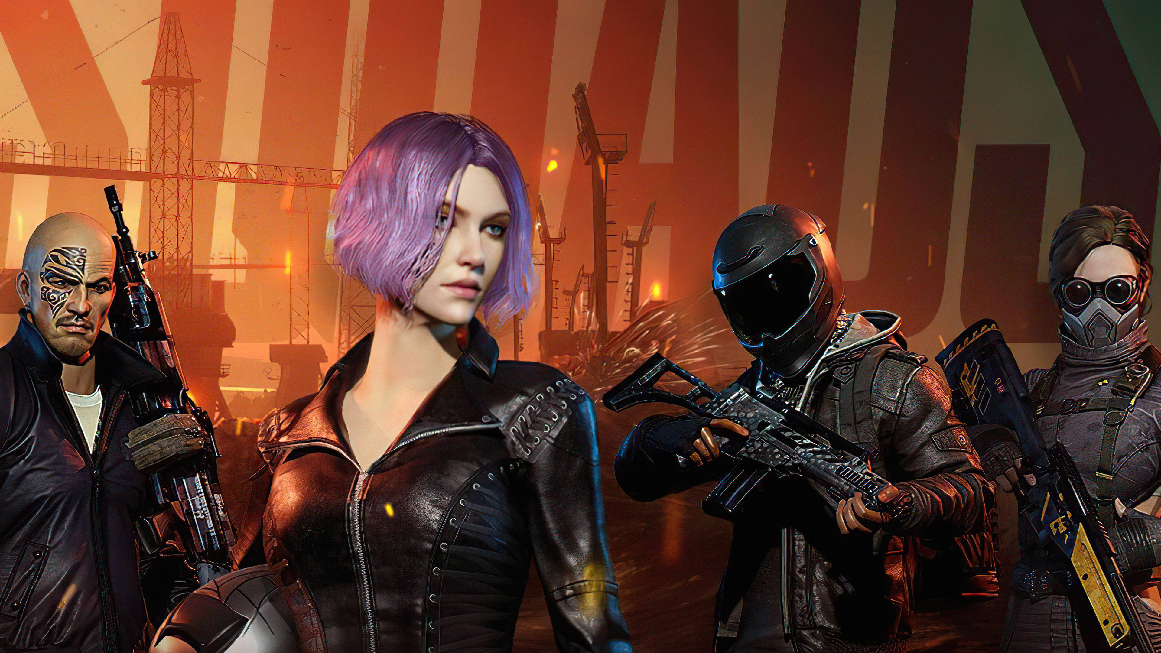 PUBG 桌布 壁紙 — 四名武裝的未來戰士站在熾熱的工業廢土上，天空泛著橙色的光芒。