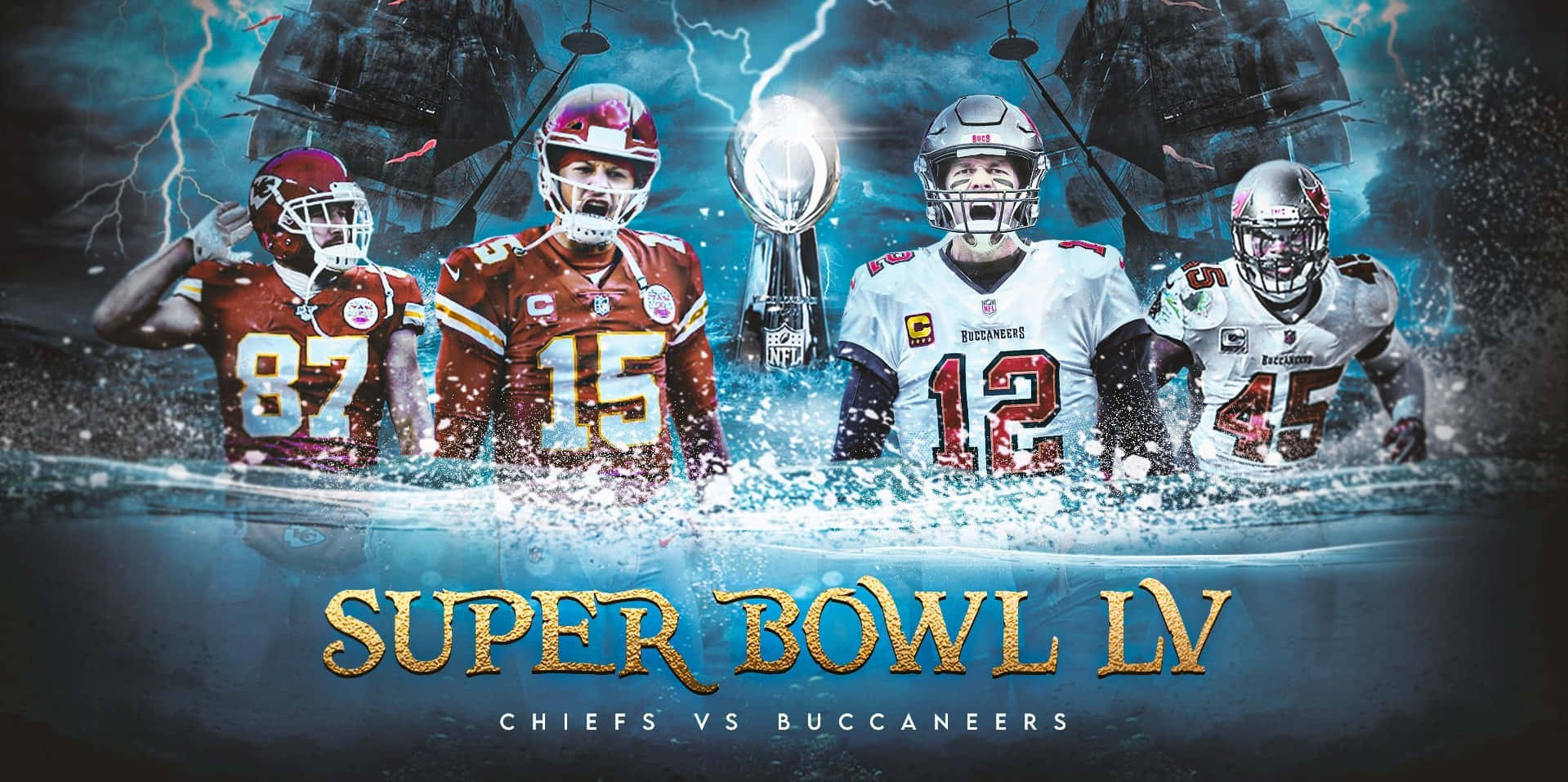 Super Bowl 桌布 壁紙 — 四名穿著酋長隊和海盜隊球衣的足球員從暴風雨中出現，背後有閃電和船隻。