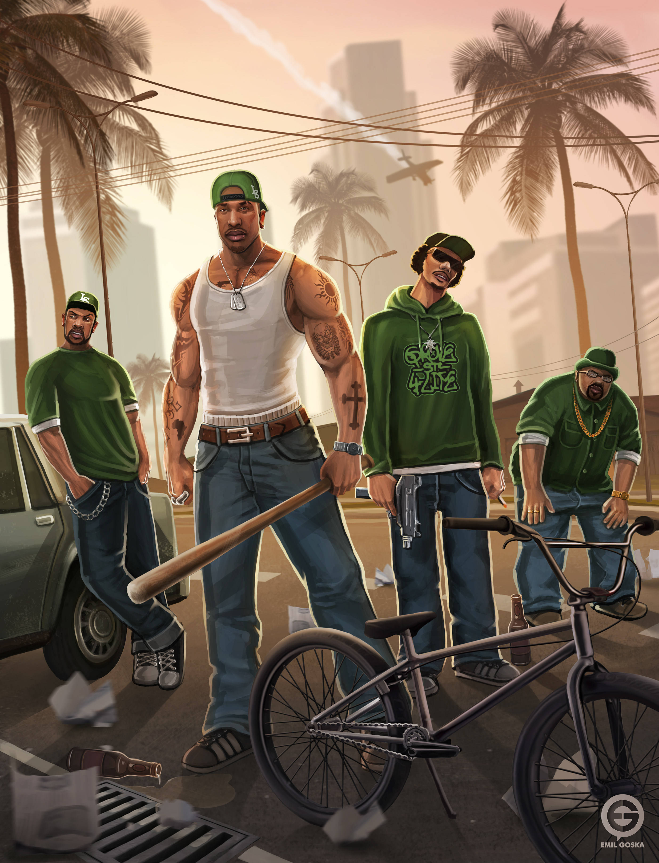 Gta 桌布 壁紙 — 四名紋身男子身穿綠色裝備，站在棕櫚樹成蔭的街道上，手持武器和一輛單車，周圍有垃圾和一輛汽車。