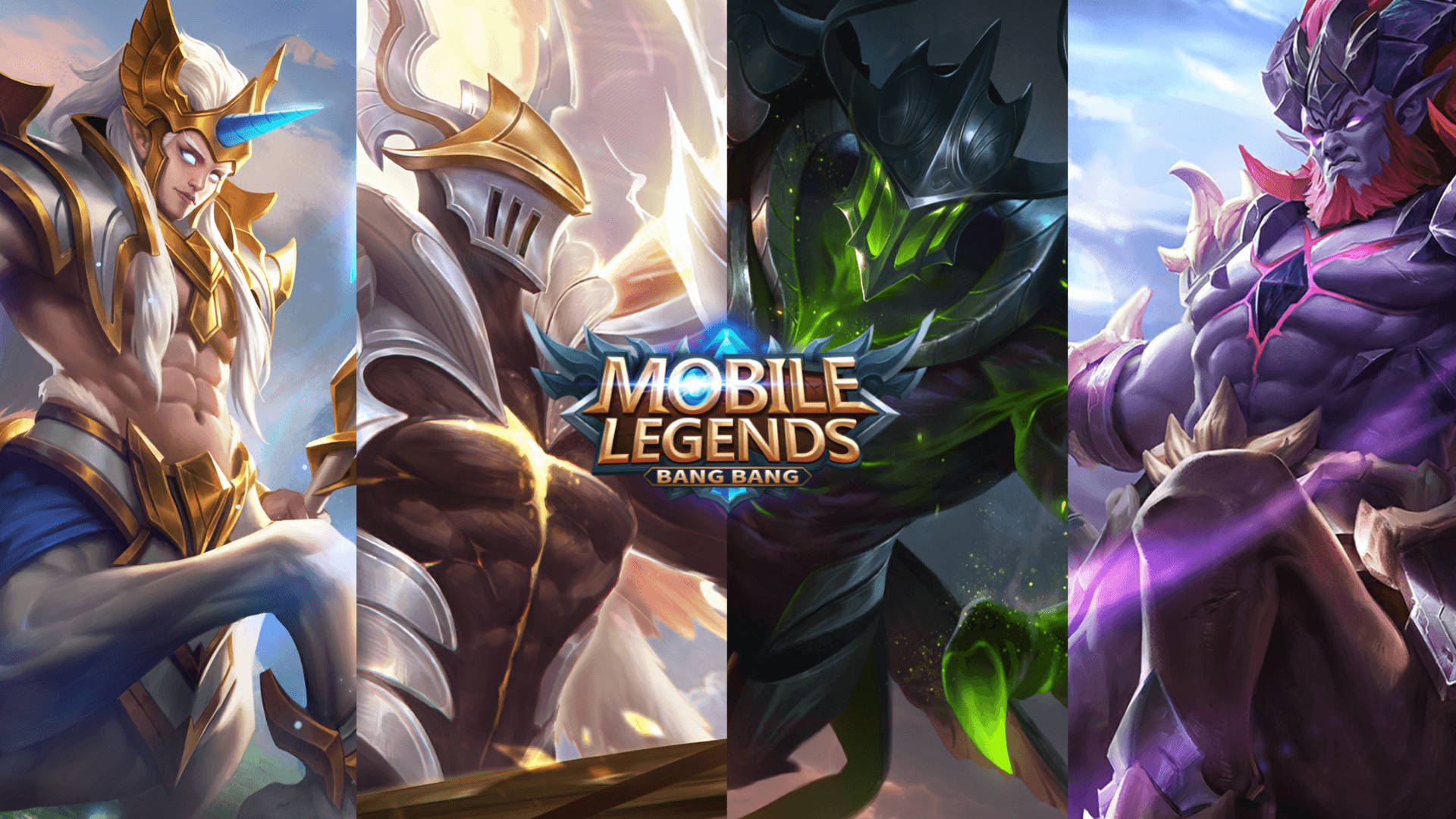 來自《Mobile Legends Bang Bang》的四個強大奇幻遊戲角色，擺出動態戰鬥姿勢。
