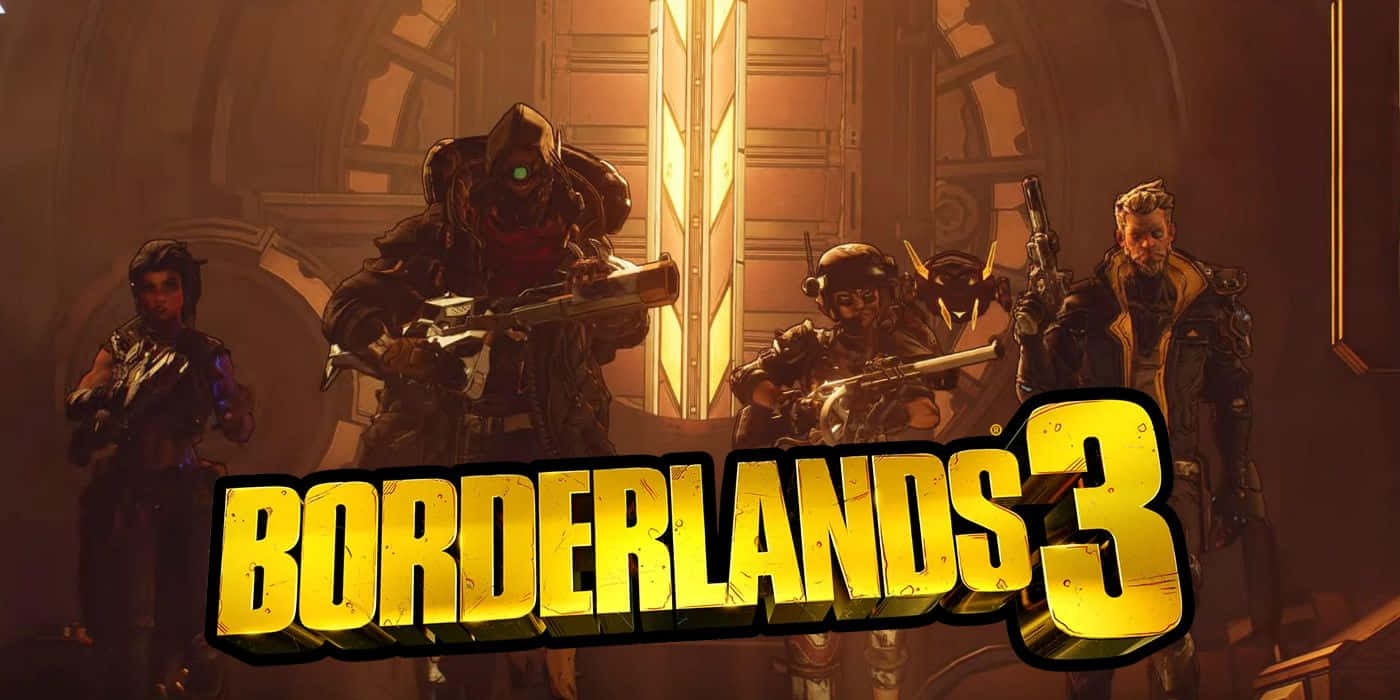 Borderlands Characters 桌布 壁紙 — 四名裝甲僱傭兵，眼睛發光，手持重武器，站在昏暗的科幻走廊中，背後是醒目的Borderlands 3標誌。