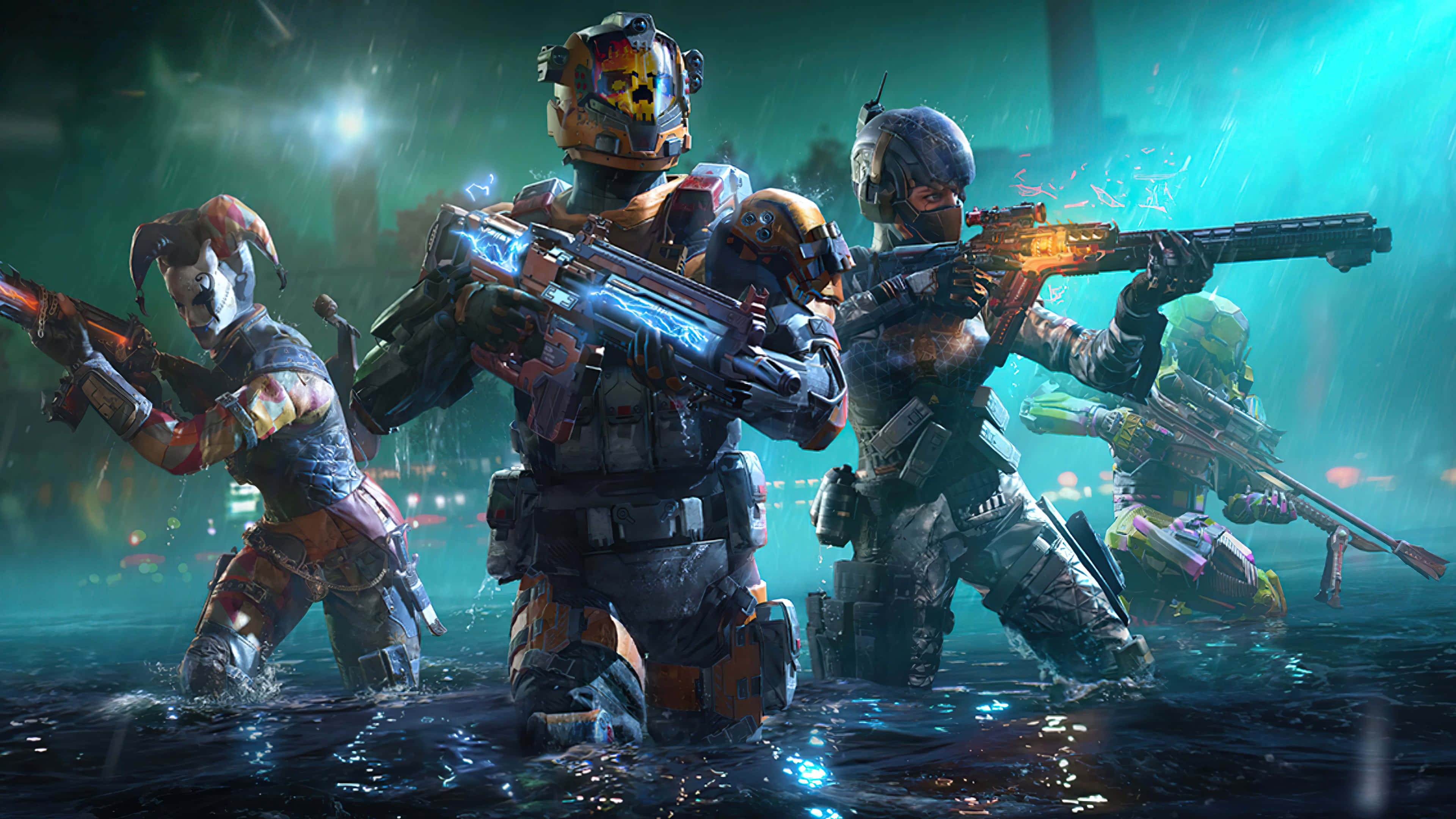 Cod 桌布 壁紙 — 四名裝甲士兵在未來都市戰場中涉水穿過發光的霓虹雨。
