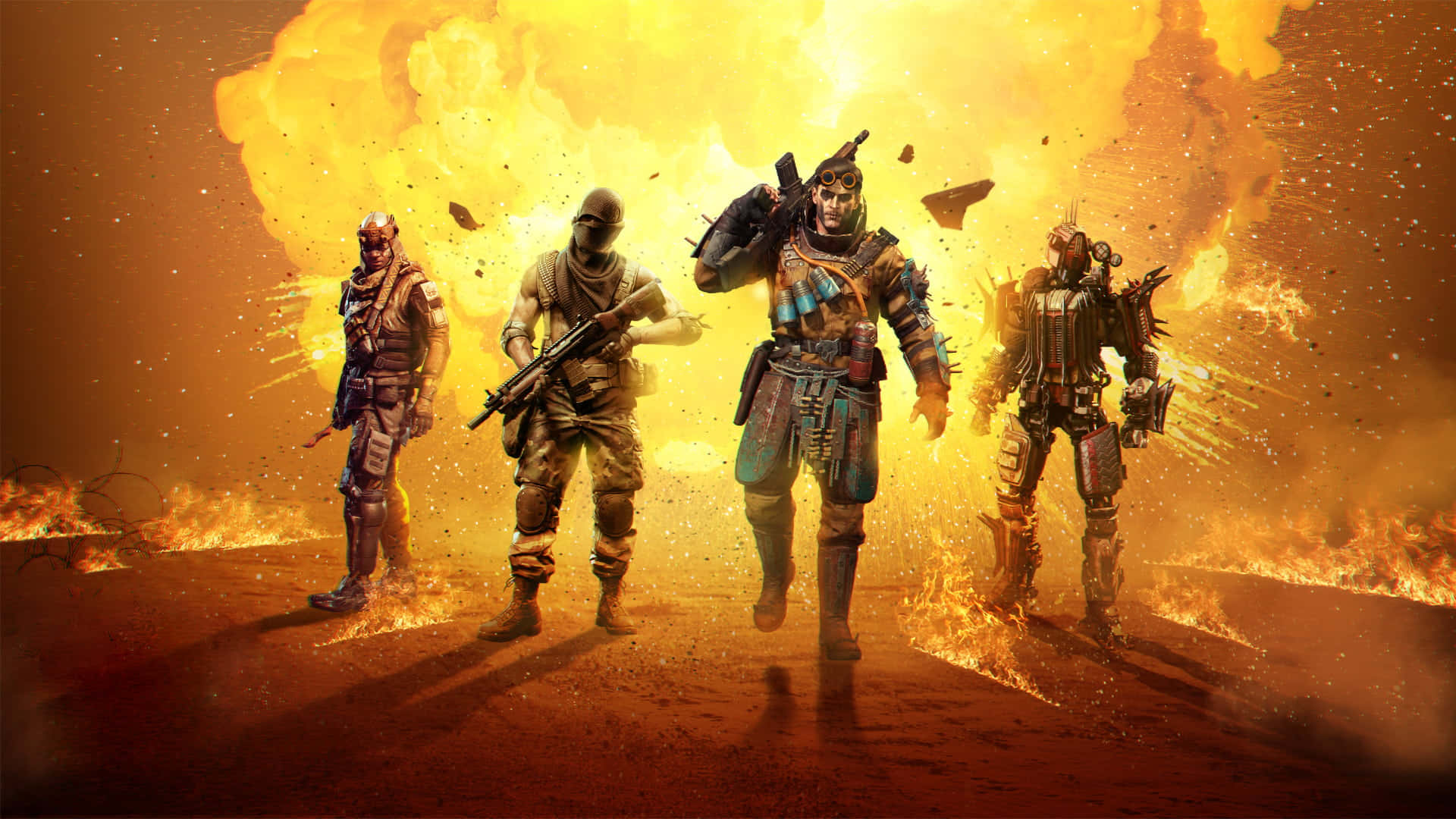 Cod 桌布 壁紙 — 四名裝甲士兵在熾熱的爆炸中，熔岩和發光的餘燼在他們周圍旋轉，他們堅定地站立著。