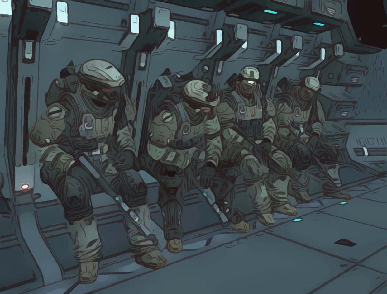 Halo Unsc 桌布 壁紙 — 四名裝甲士兵坐在一條昏暗的未來風格走廊中，走廊有發光的藍色燈光和金屬牆壁。