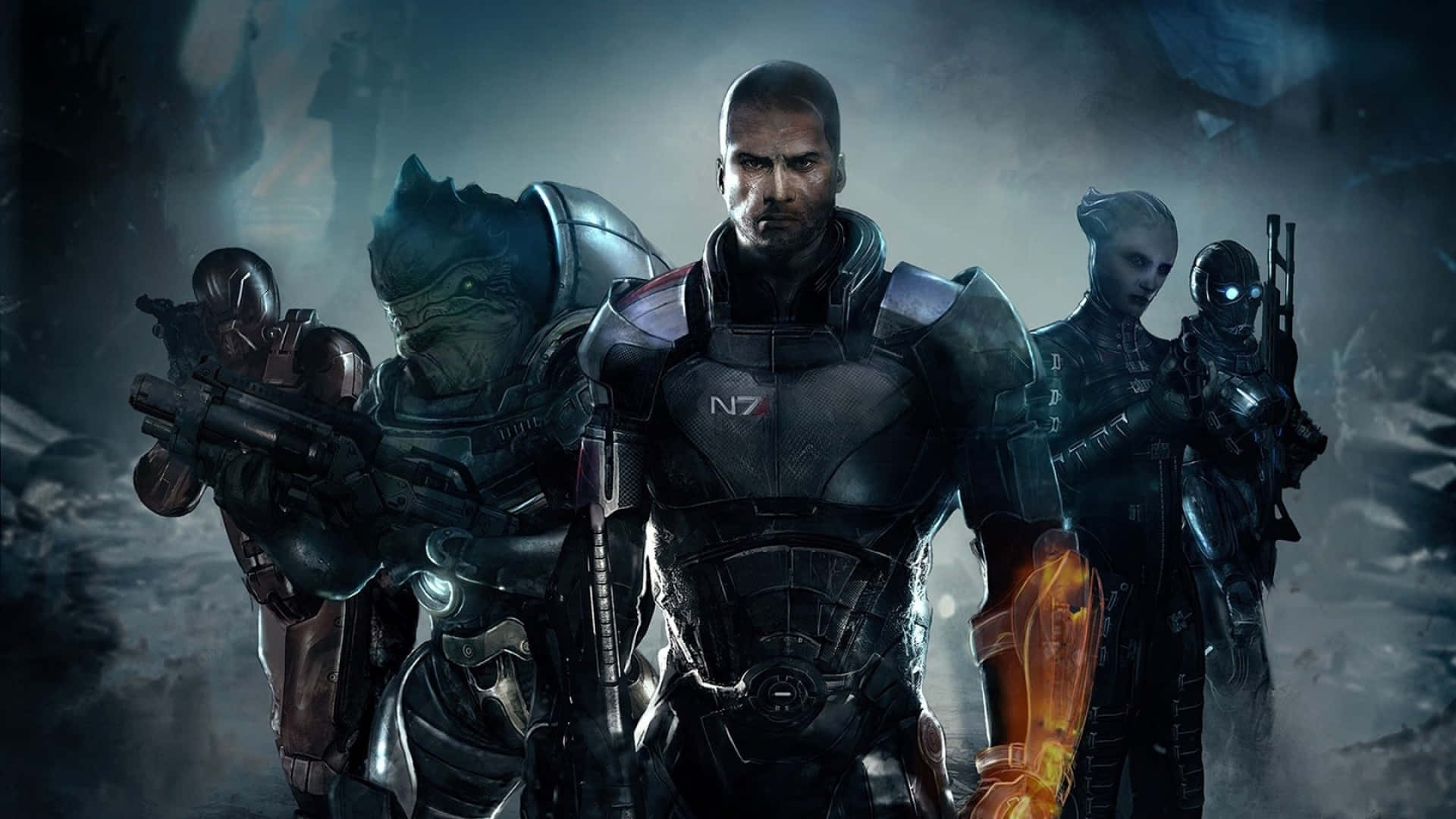 Mass Effect Characters 桌布 壁紙 — 四名裝甲太空士兵站在煙霧瀰漫的廢墟中，帶有發光的橙色武器點綴和深色金屬套裝。