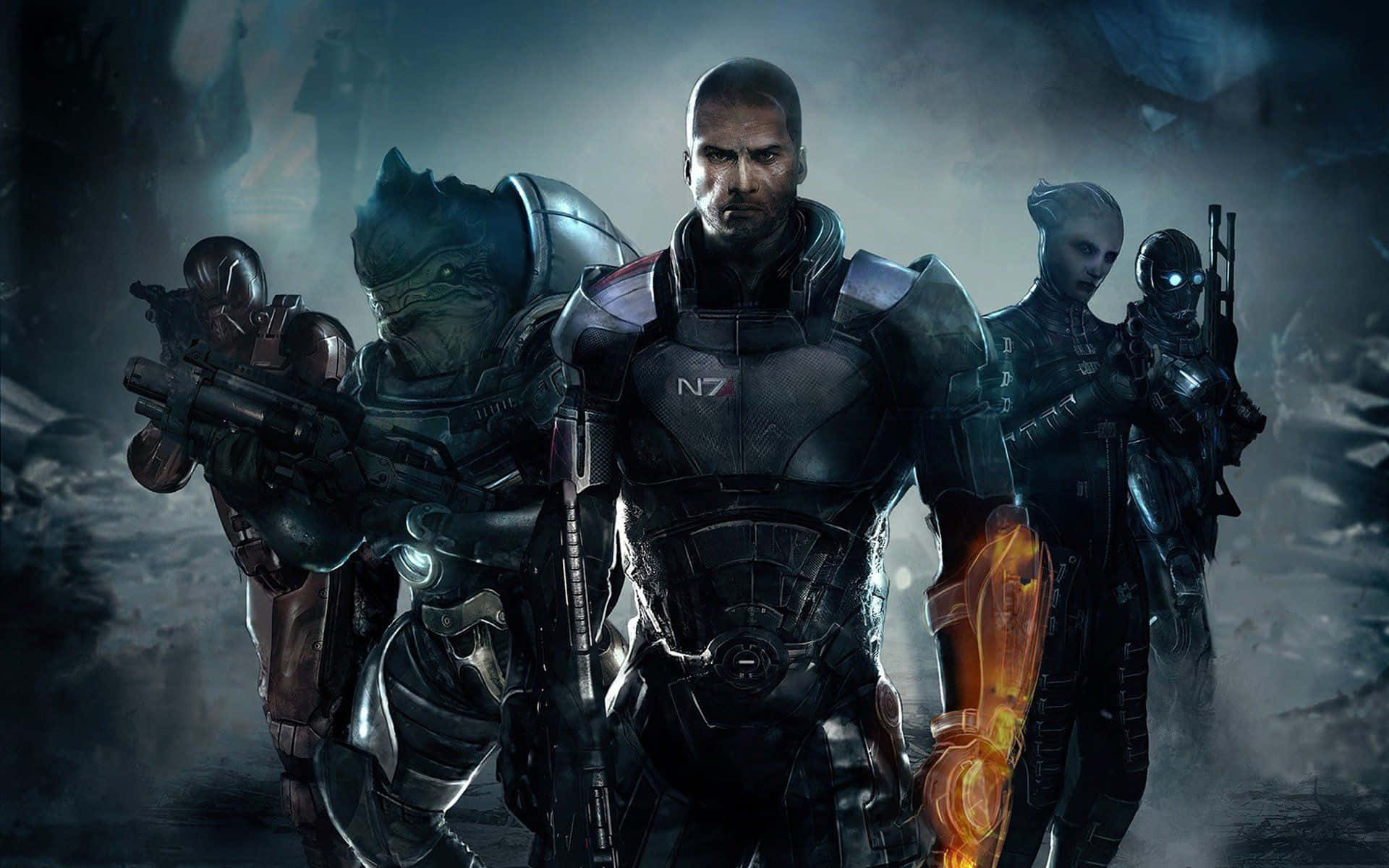 Commander Shepard 桌布 壁紙 — 四名裝甲太空士兵站在霧氣瀰漫的外星廢墟中，帶有發光的橙色武器裝飾。