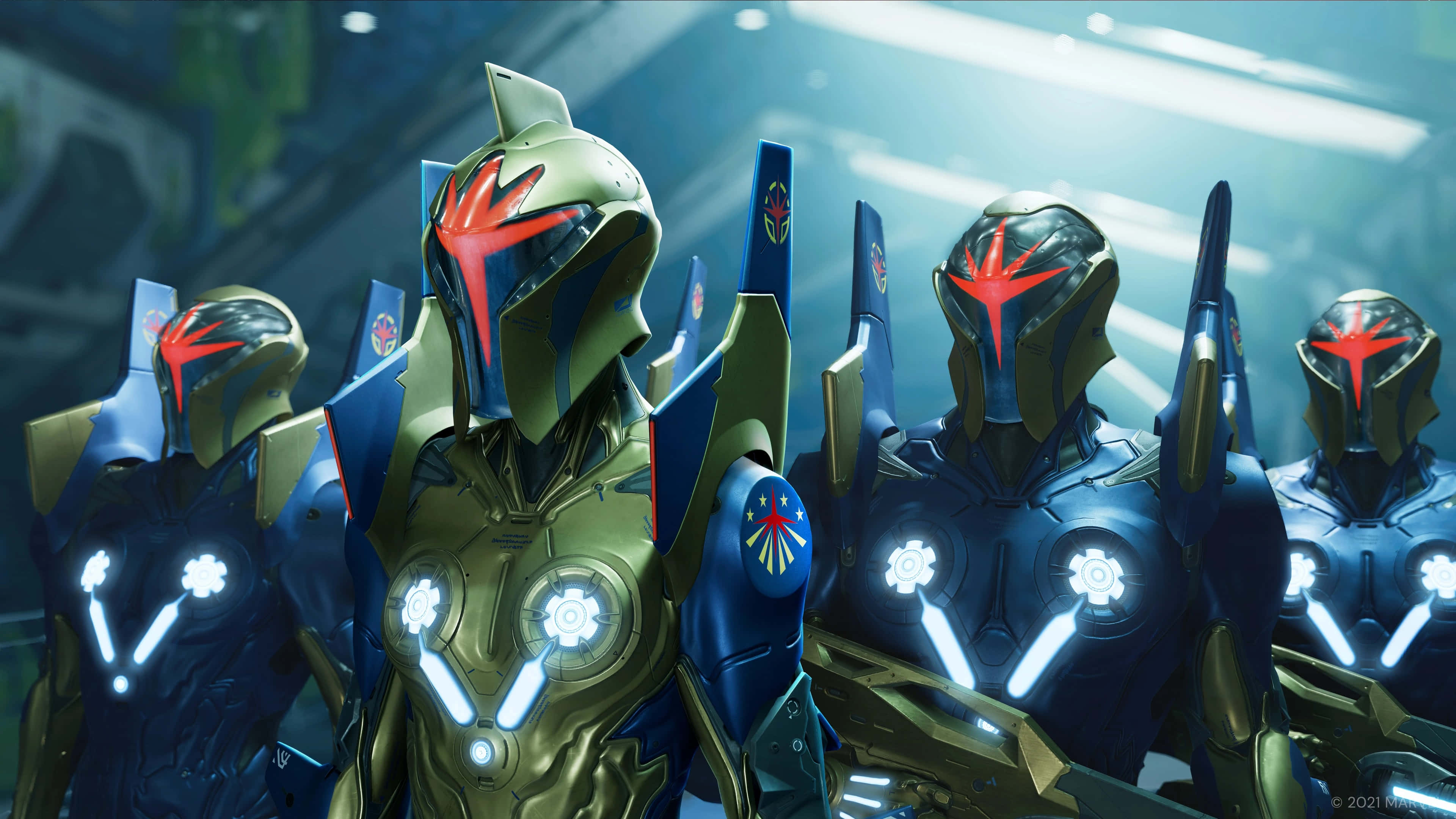 Nova Corps 桌布 壁紙 — 四名裝甲未來戰士帶有發光的藍色和紅色點綴，站在科幻走廊中，在冷色人造燈光下。