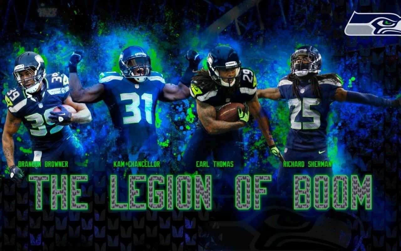 四名海鷹隊球員以動作姿勢呈現，並帶有「The Legion of Boom」文字。 — 海鷹隊 壁紙