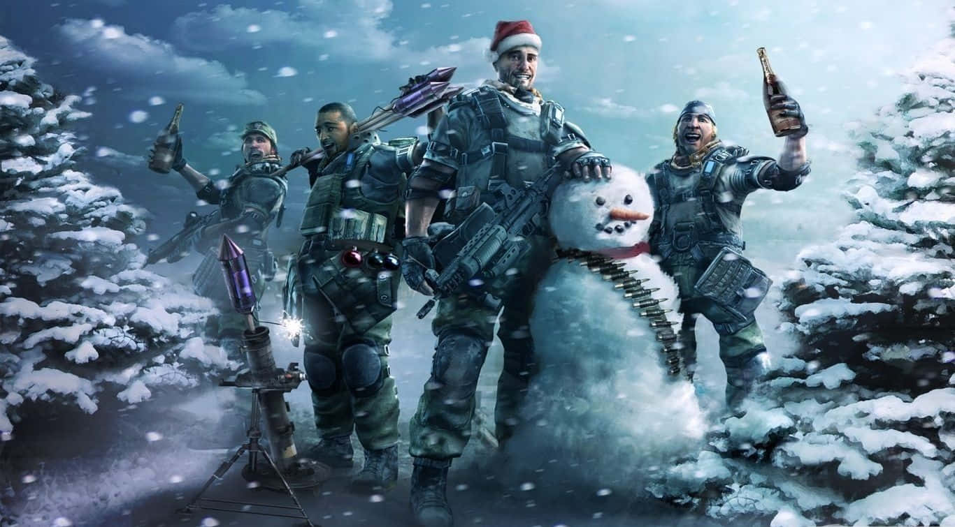 Winter Games 桌布 壁紙 — 四名身穿冬季裝備的武裝士兵在雪地森林中與雪人和武器一起慶祝聖誕節。