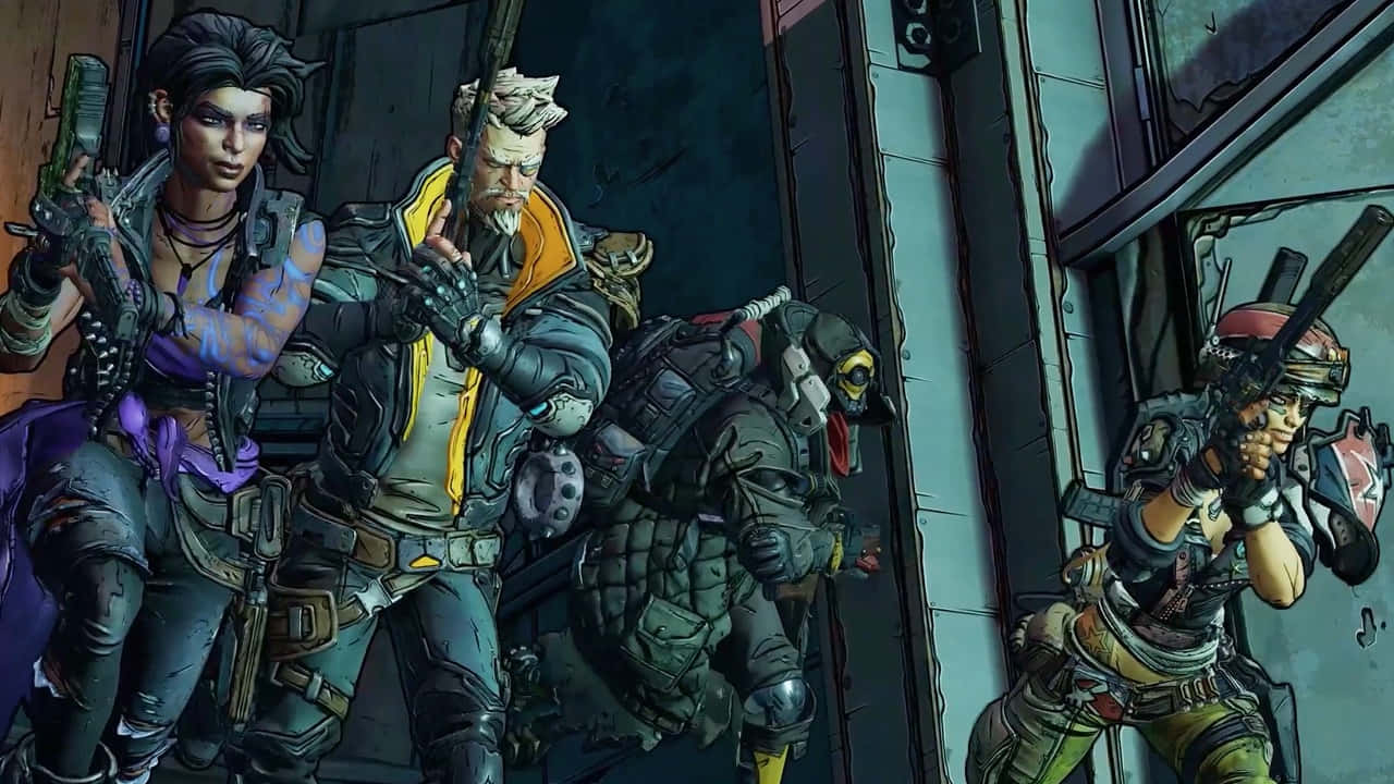 Borderlands Characters 桌布 壁紙 — 四名身穿戰術裝備的武裝僱傭兵蹲在骯髒的城市小巷中準備戰鬥。