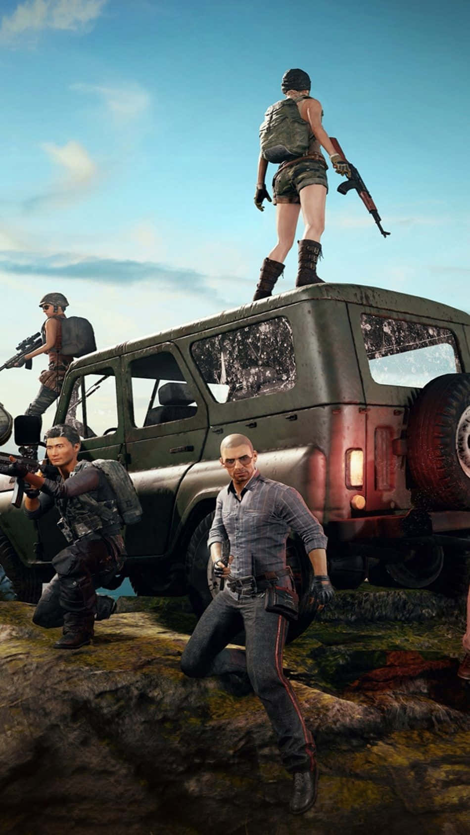 pubg mobile 桌布 壁紙 — 四名身穿戰術裝備的武裝士兵在岩石地形上圍繞一輛堅固的軍用吉普車就位，天空清澈湛藍。