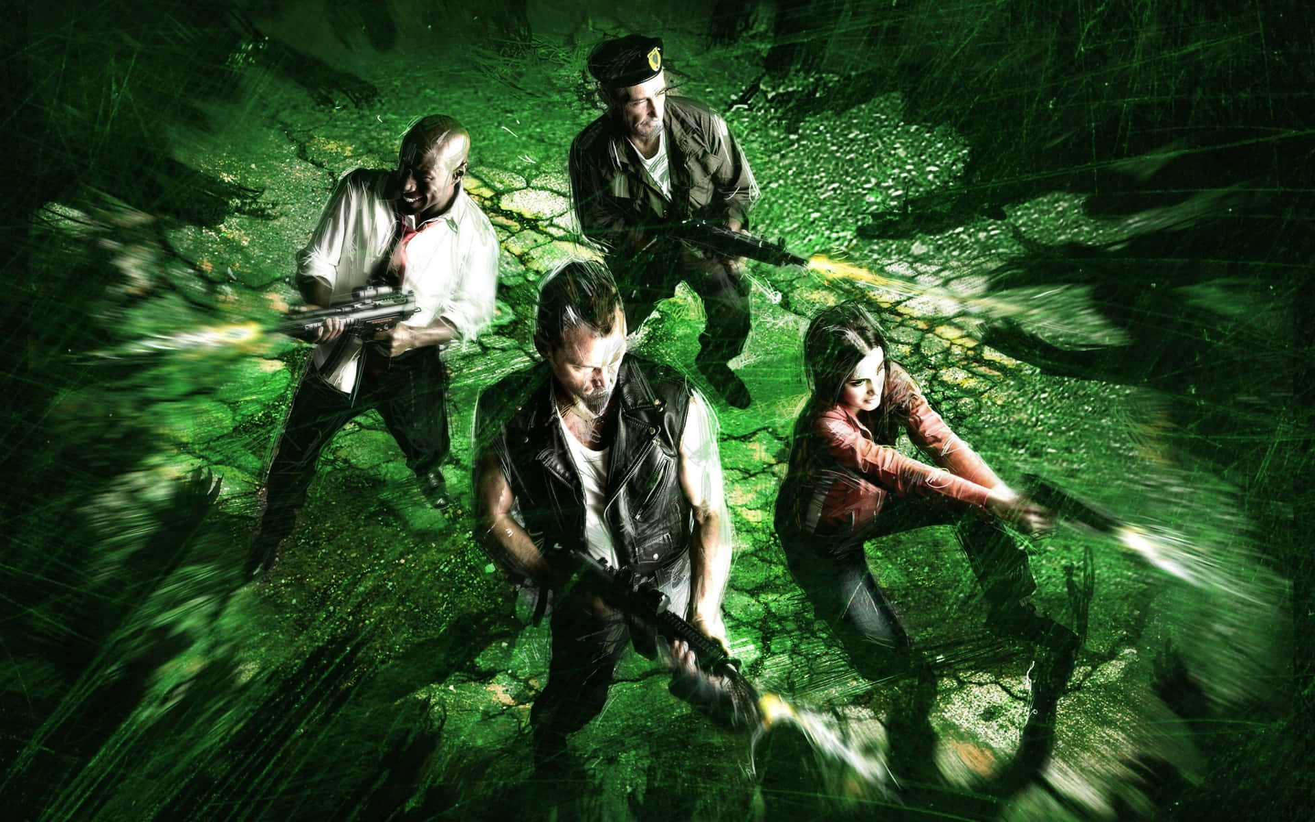 Left 4 Dead Characters 桌布 壁紙 — 四名身穿戰術裝備的武裝士兵在旋轉的綠色能量漩渦中開火，呈現高強度動作場景。