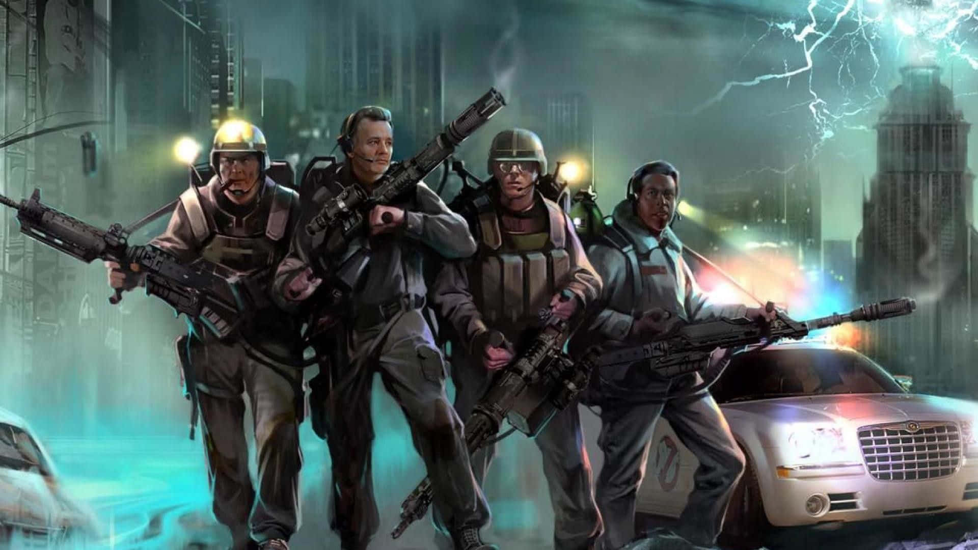 Ghostbusters 桌布 壁紙 — 四名身穿戰術裝備的武裝士兵在雷電交加、車輛發光的暴風雨未來城市中行進。