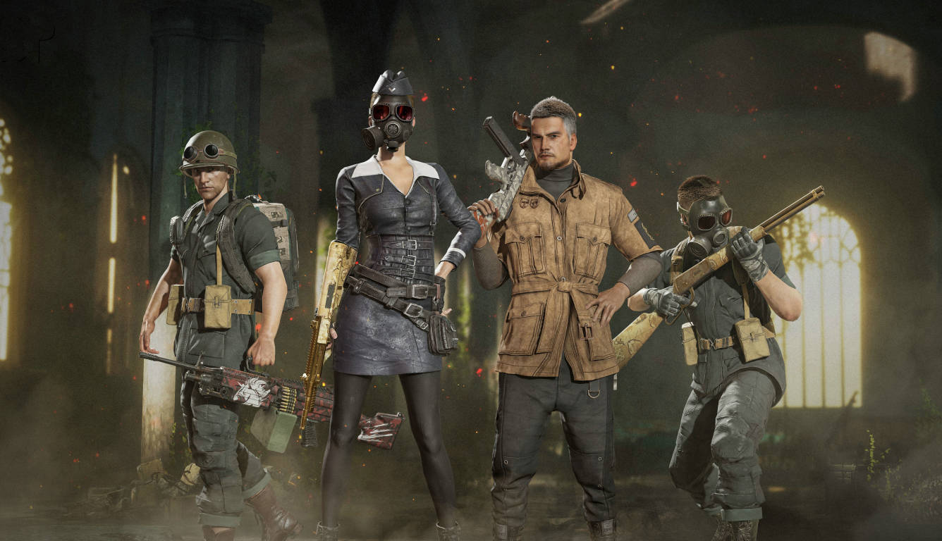 Playerunknown's Battlegrounds 桌布 壁紙 — 四名身穿戰術裝備的武裝士兵站在昏暗、廢墟般的大教堂中，窗戶發光，餘燼漂浮。