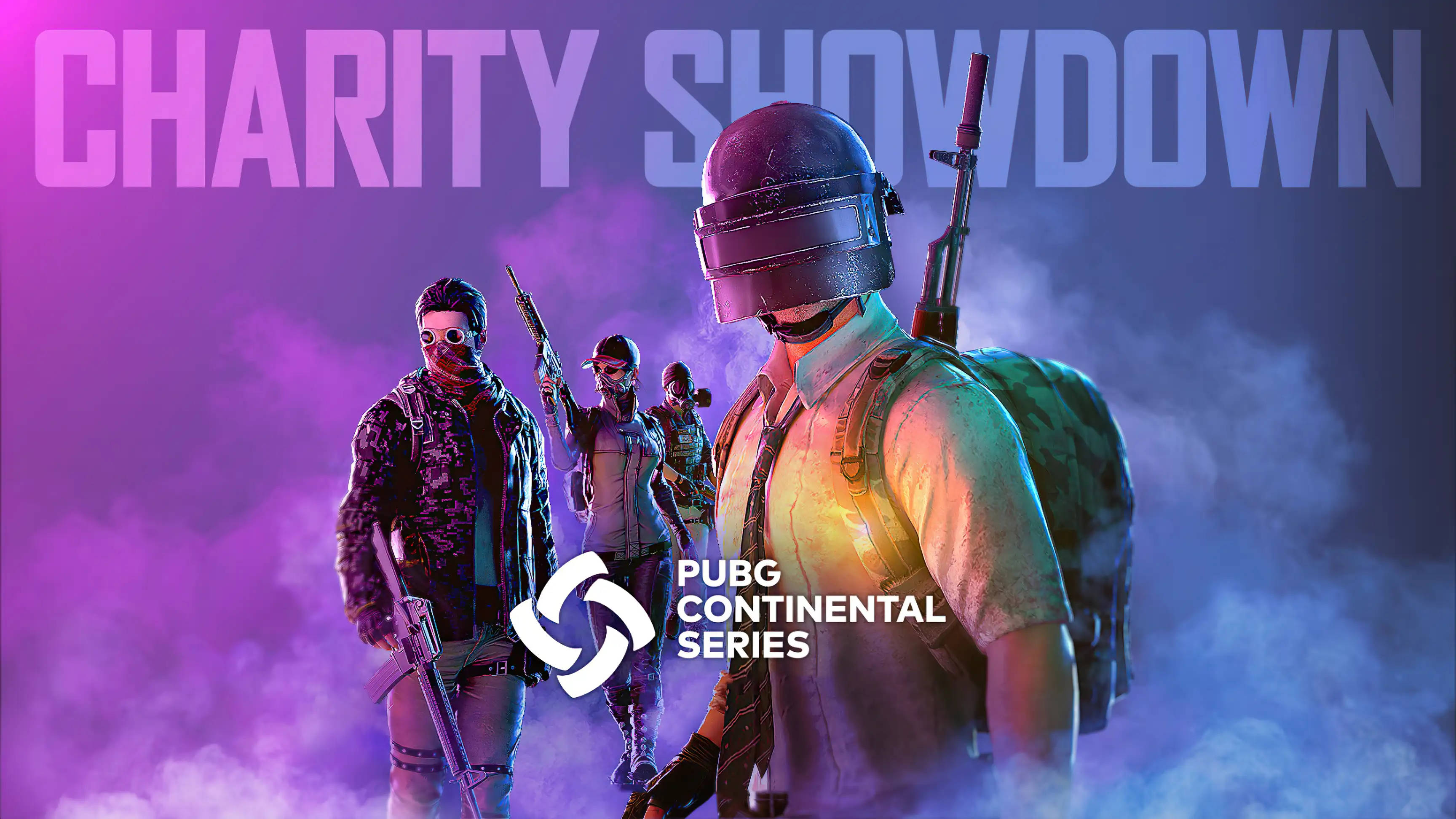 Pc Gaming 桌布 壁紙 — 四名身穿戰術裝備的武裝玩家站在煙霧彌漫的霓虹迷霧中，上方有「CHARITY SHOWDOWN」字樣。