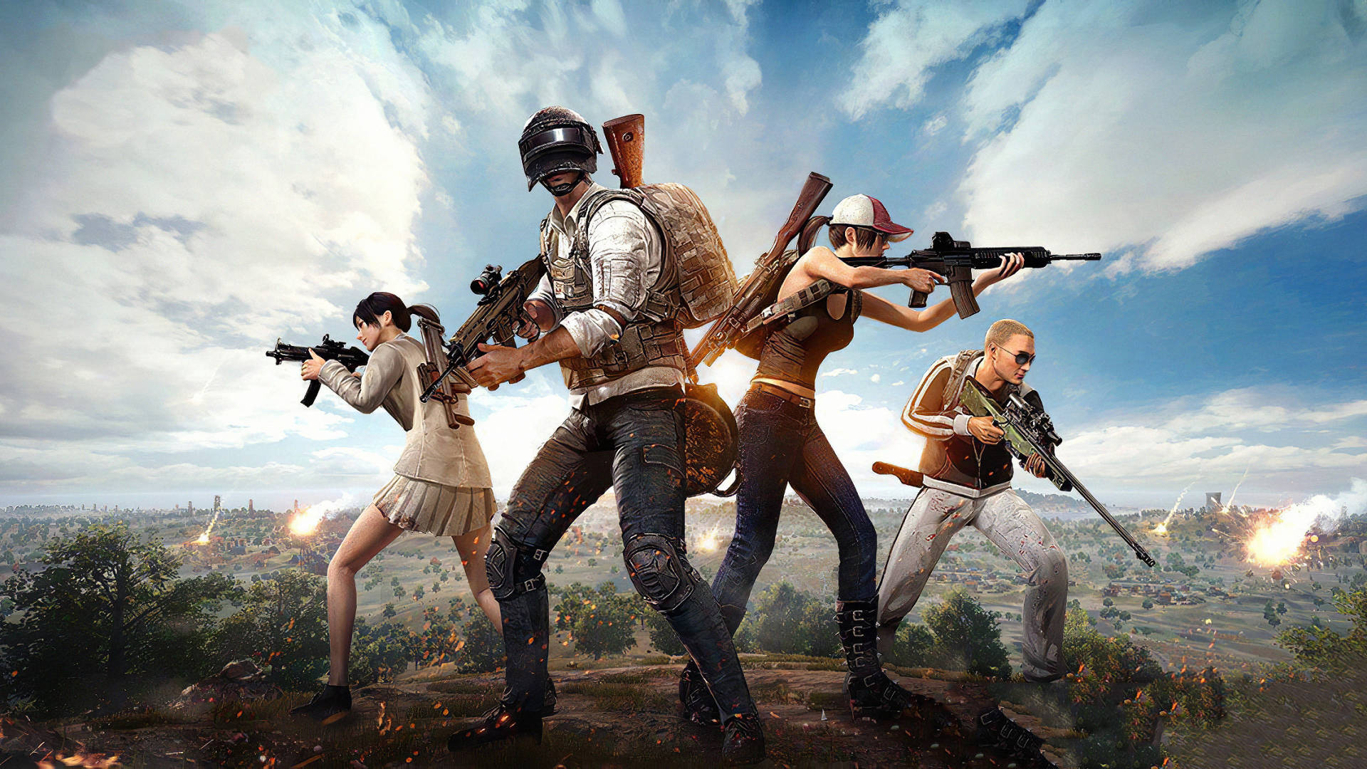 Playerunknown's Battlegrounds 桌布 壁紙 — 四名身穿戰鬥裝備的武裝玩家站在山丘上，俯瞰下方多雲天空下發生爆炸的戰場。