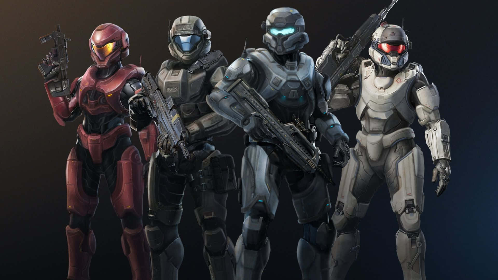Fireteam Osiris 桌布 壁紙 — 四名身穿未來戰鬥裝備的裝甲士兵，在深色漸變背景前手持武器準備就緒。
