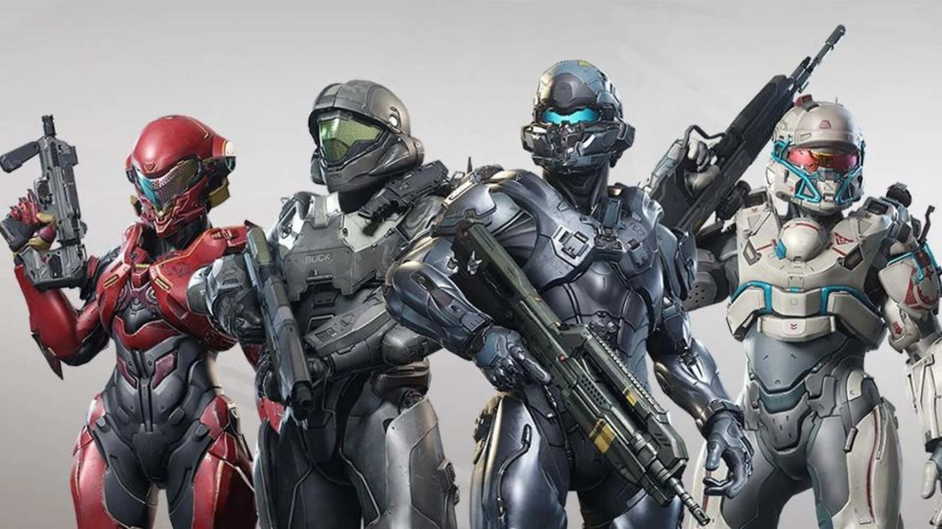 Fireteam Osiris 桌布 壁紙 — 四名身穿未來戰鬥裝備的裝甲士兵在純灰色背景下持武器準備就緒。