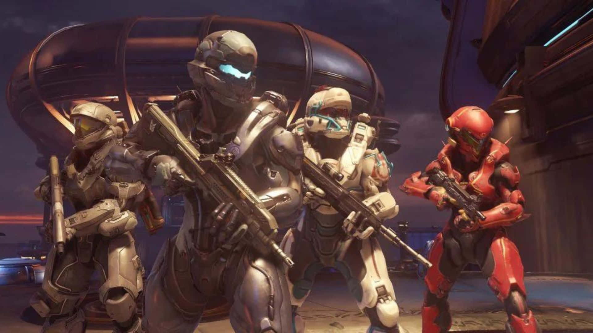 Fireteam Osiris 桌布 壁紙 — 四名身穿未來戰鬥裝備的裝甲士兵在暮色天空下持武器準備就緒。