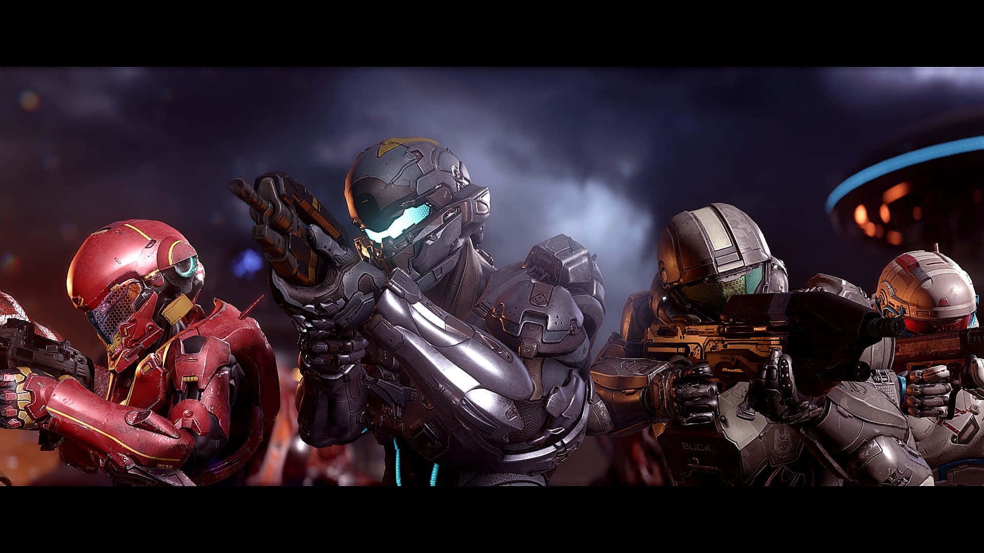 Fireteam Osiris 桌布 壁紙 — 四名身穿未來戰鬥裝備的裝甲士兵在黑暗的宇宙背景下準備好武器。