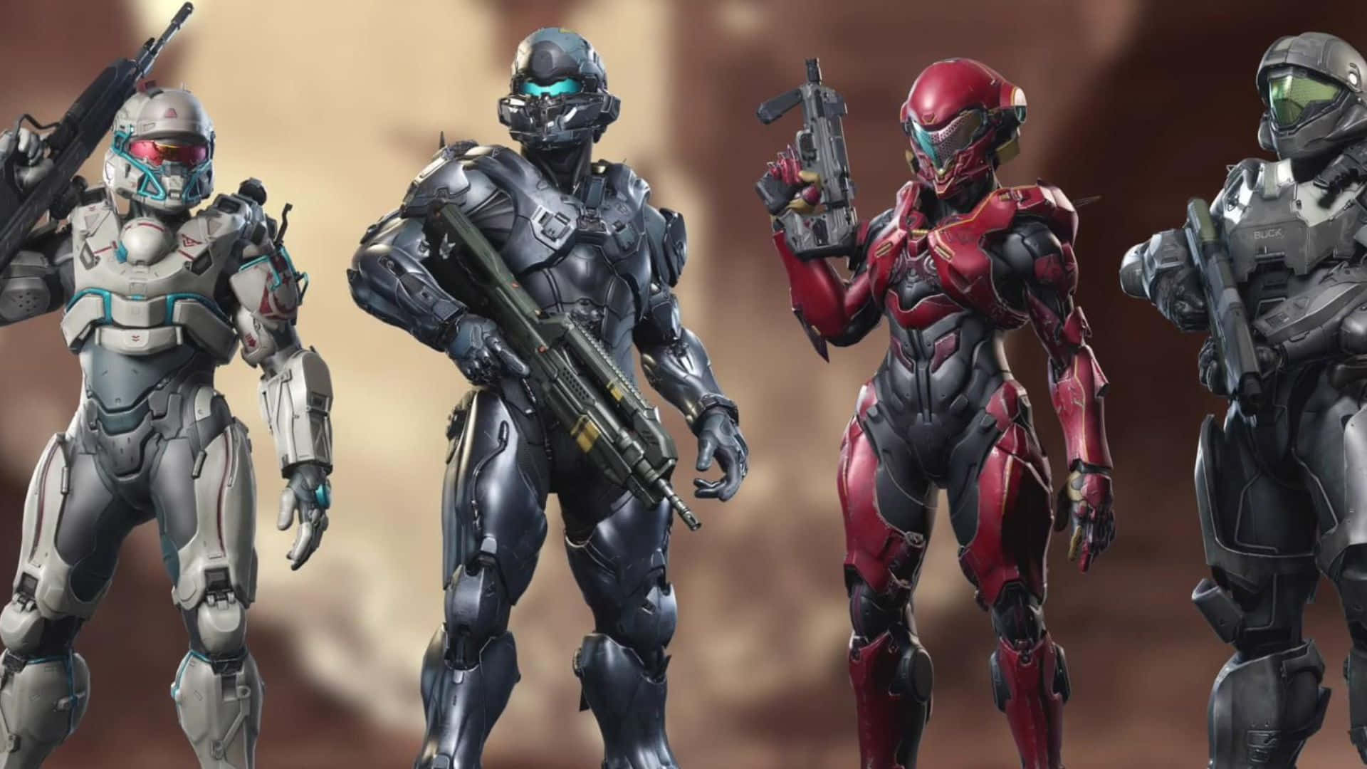 Fireteam Osiris 桌布 壁紙 — 四名身穿未來戰鬥裝備的裝甲士兵在塵土飛揚的沙漠背景下準備好武器。