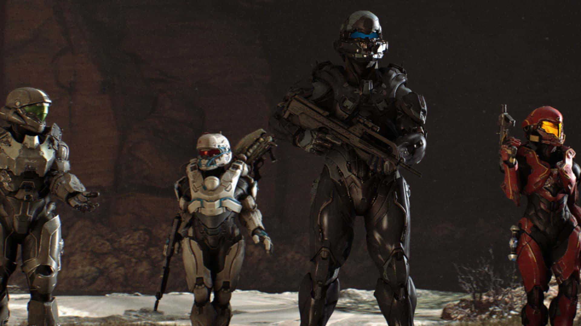 Fireteam Osiris 桌布 壁紙 — 四名身穿未來戰鬥裝備的裝甲士兵在昏暗燈光下的雪地外星景觀中保持警覺。