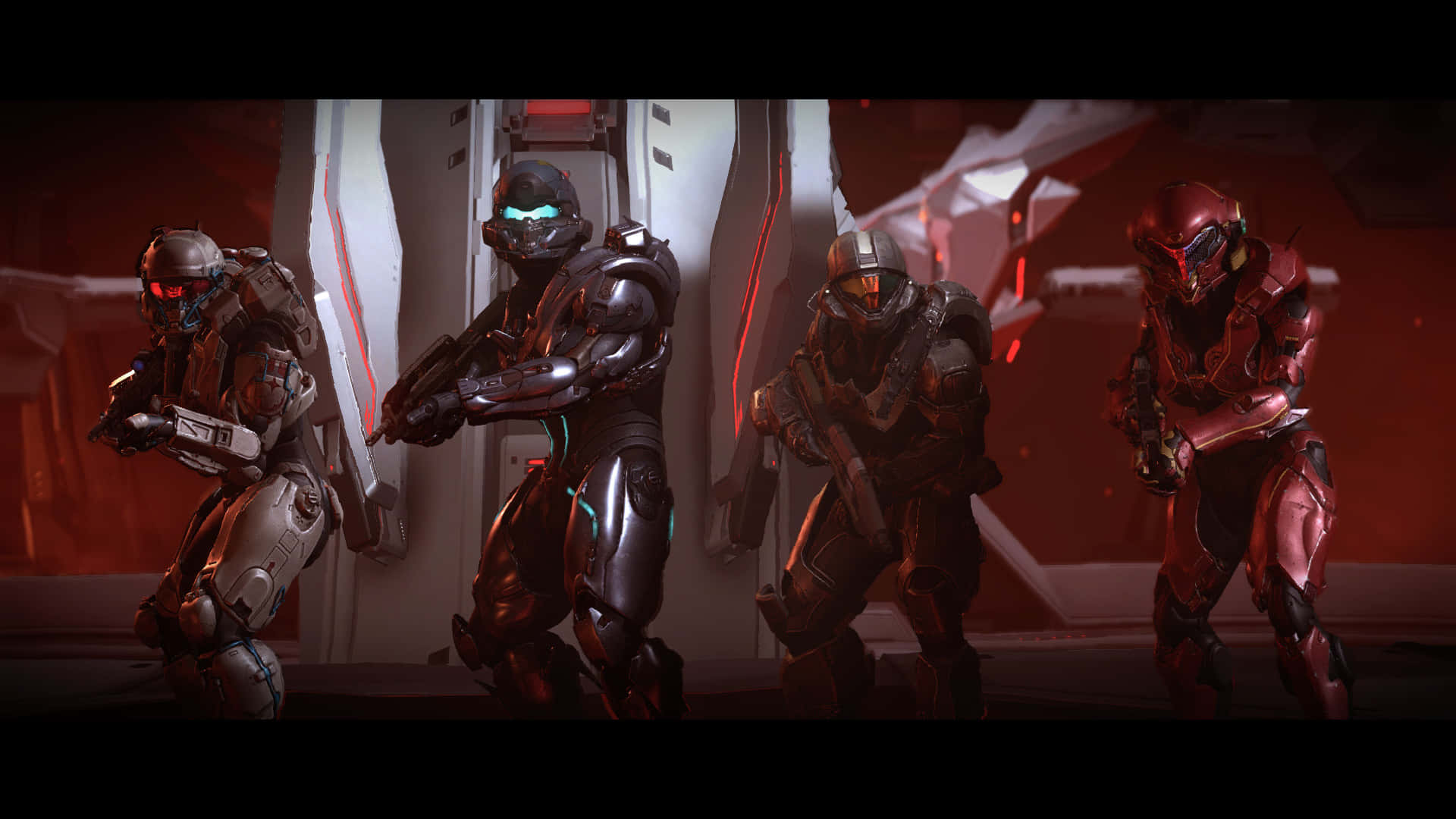 Fireteam Osiris 桌布 壁紙 — 四名身穿未來戰鬥裝備的裝甲士兵在昏暗的科幻走廊中保持警覺，周圍有紅色環境照明。