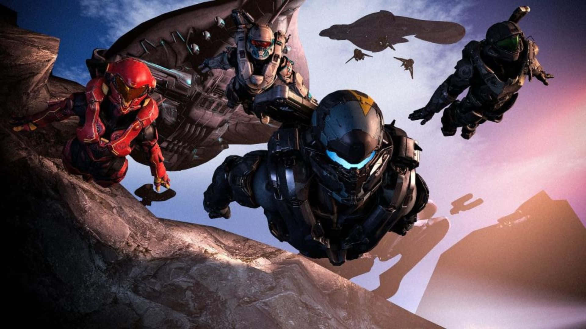 Fireteam Osiris 桌布 壁紙 — 四名身穿未來裝甲的士兵在暮色天空下從懸崖跳下，頭頂有飛船掠過。