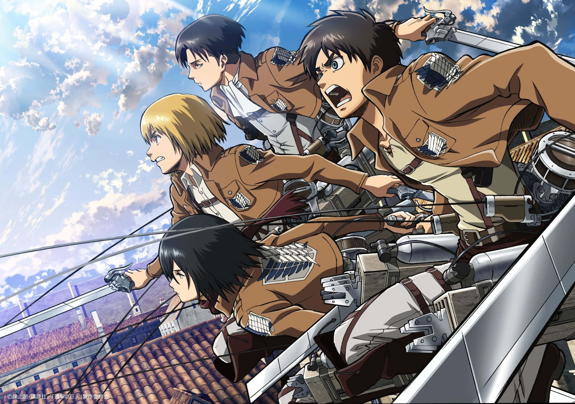 Attack On Titan Poster 桌布 壁紙 — 四名身穿棕色制服嘅動畫士兵，拔出劍，喺有零星雲朵嘅明亮藍天下從屋頂跳下。