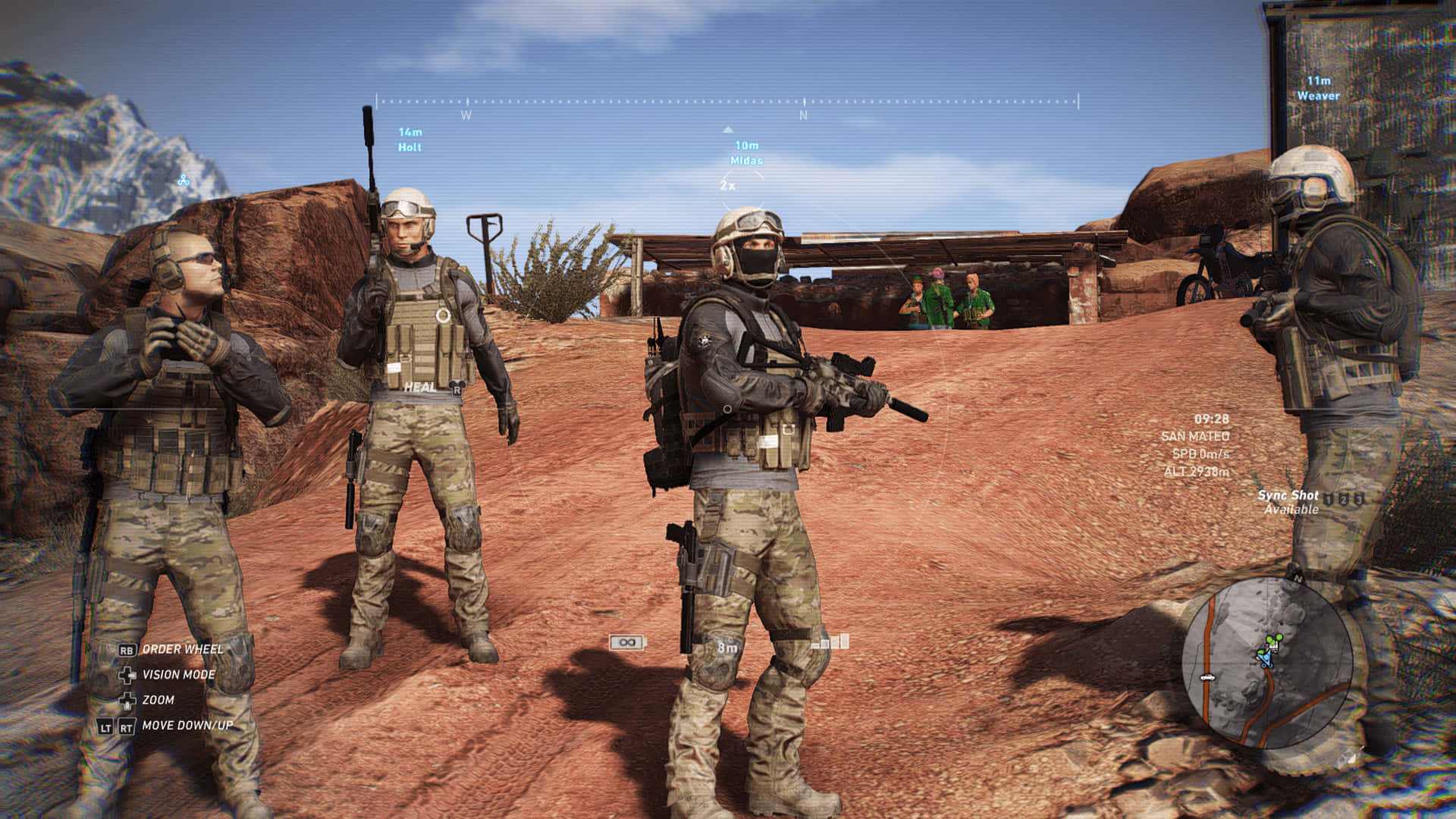 Soap Mactavish 桌布 壁紙 — 四名身穿沙漠迷彩服的士兵在岩石乾旱的地形中保持警覺，背景有一座破舊的建築物。