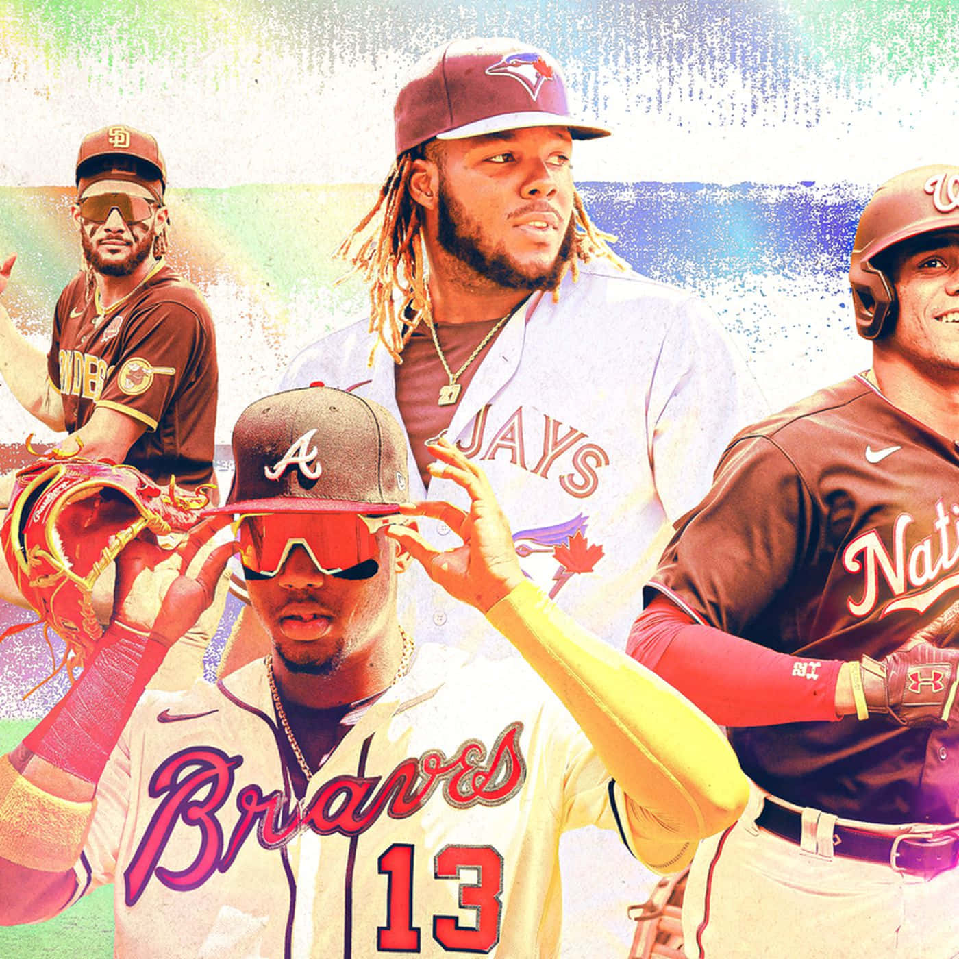 Major League Movie 桌布 壁紙 — 四名身穿球隊制服嘅棒球運動員，戴住太陽眼鏡同裝備，喺色彩繽紛嘅抽象背景前擺甫士，構成充滿活力嘅拼貼畫。