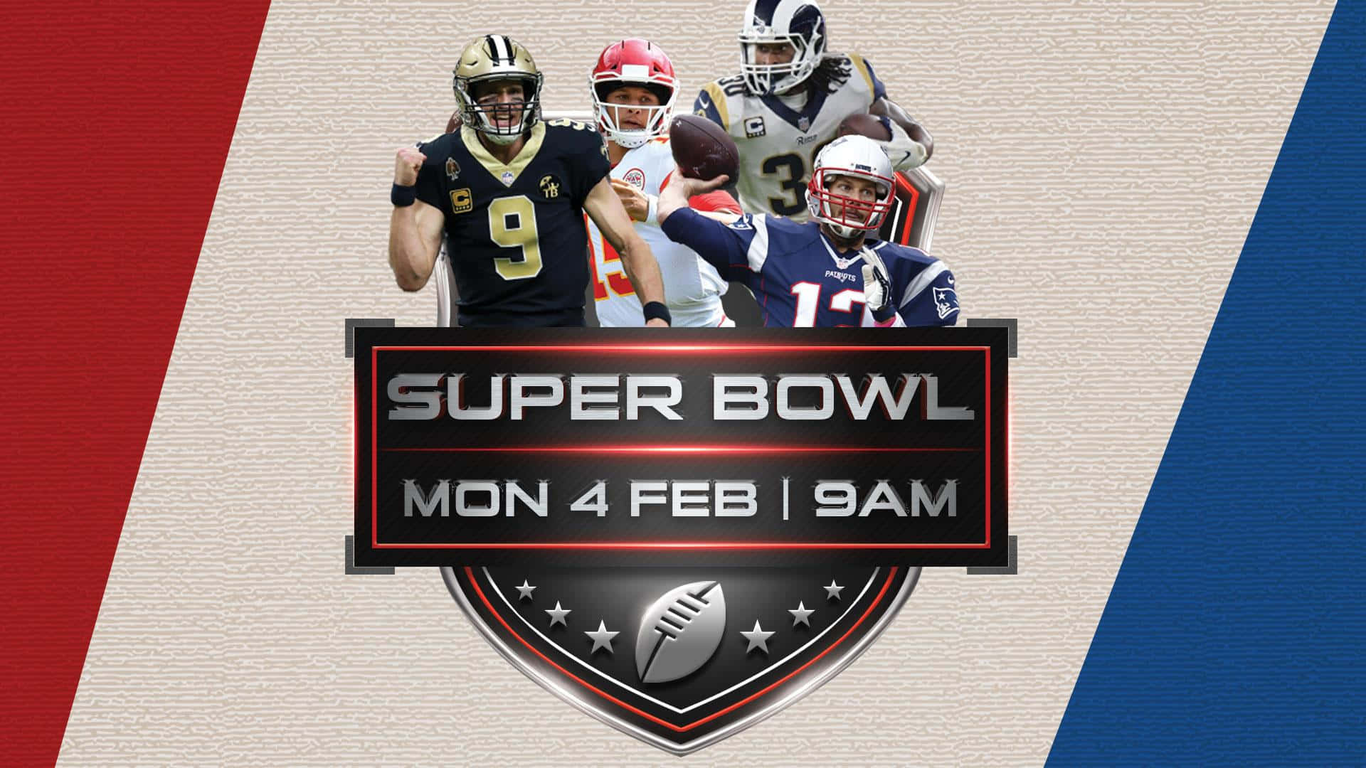 Super Bowl 桌布 壁紙 — 四名身穿球隊制服的美式足球員在發光的超級碗活動橫幅後擺姿勢，橫幅上顯示日期和時間詳情。