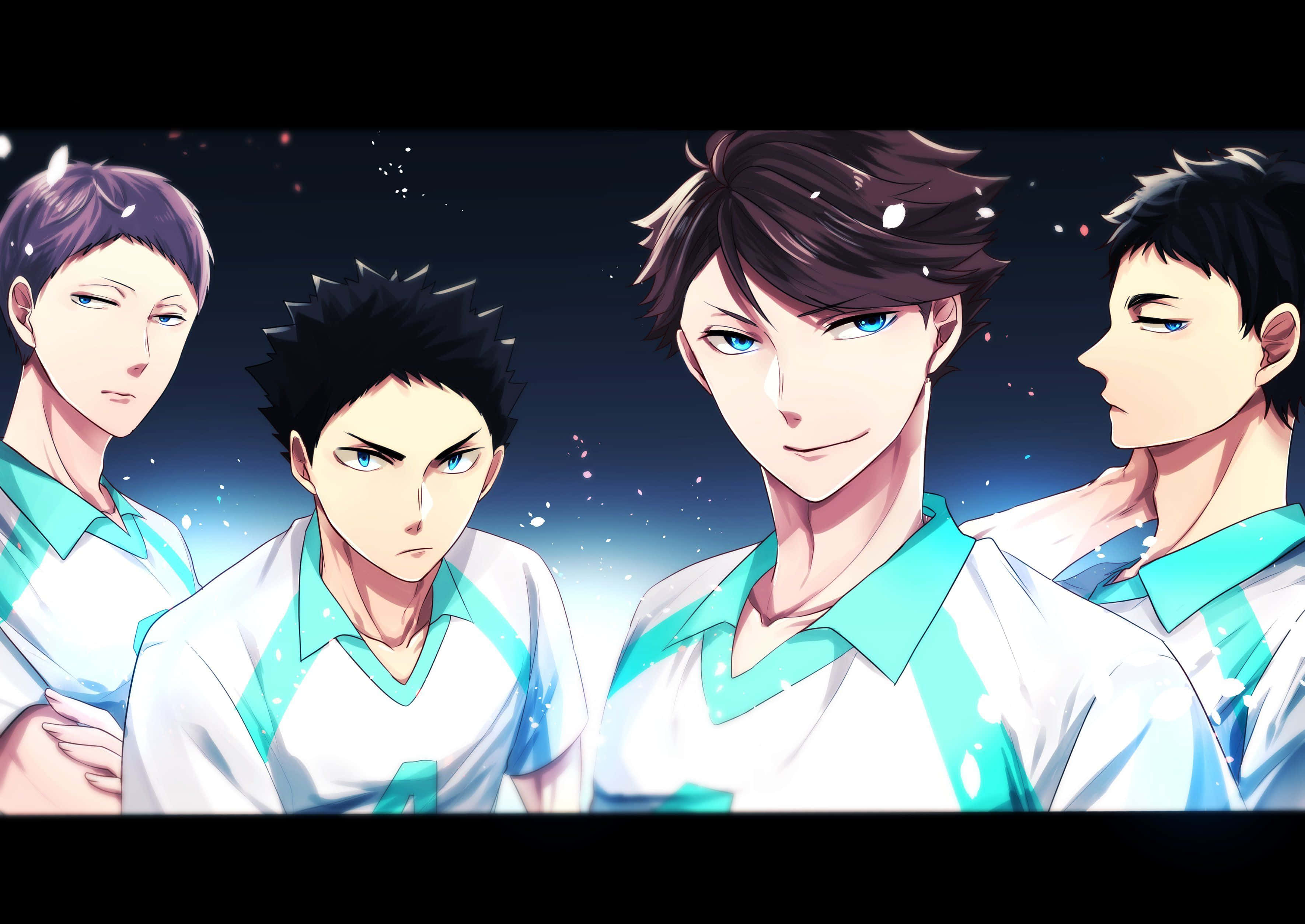 iwaizumi hajime 桌布 壁紙 — 四名身穿白色和青綠色制服嘅動漫排球選手，喺有發光粒子嘅星空夜空下企喺度。