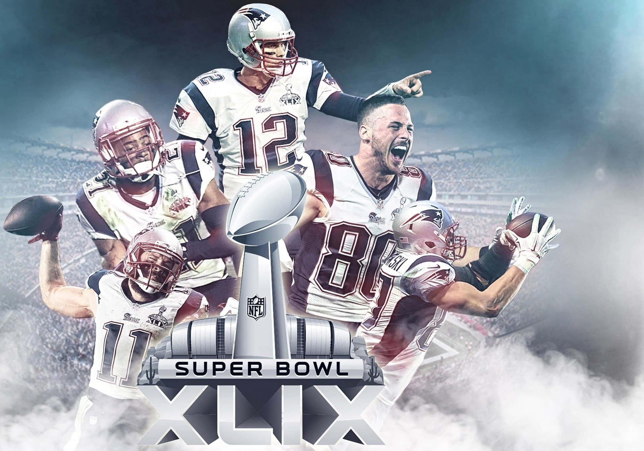 Super Bowl 桌布 壁紙 — 四名身穿白色球衣的新英格蘭愛國者隊美式足球員在體育館煙霧中圍繞超級碗獎盃勝利慶祝。