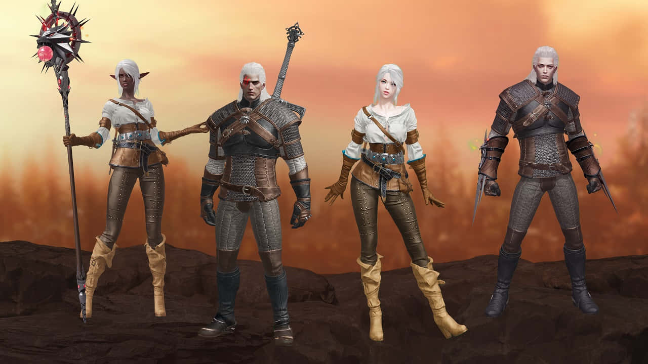 The Witcher Characters 桌布 壁紙 — 四名身穿精細盔甲的奇幻戰士站在岩石地形上，背景是熾熱的橙色日落天空。