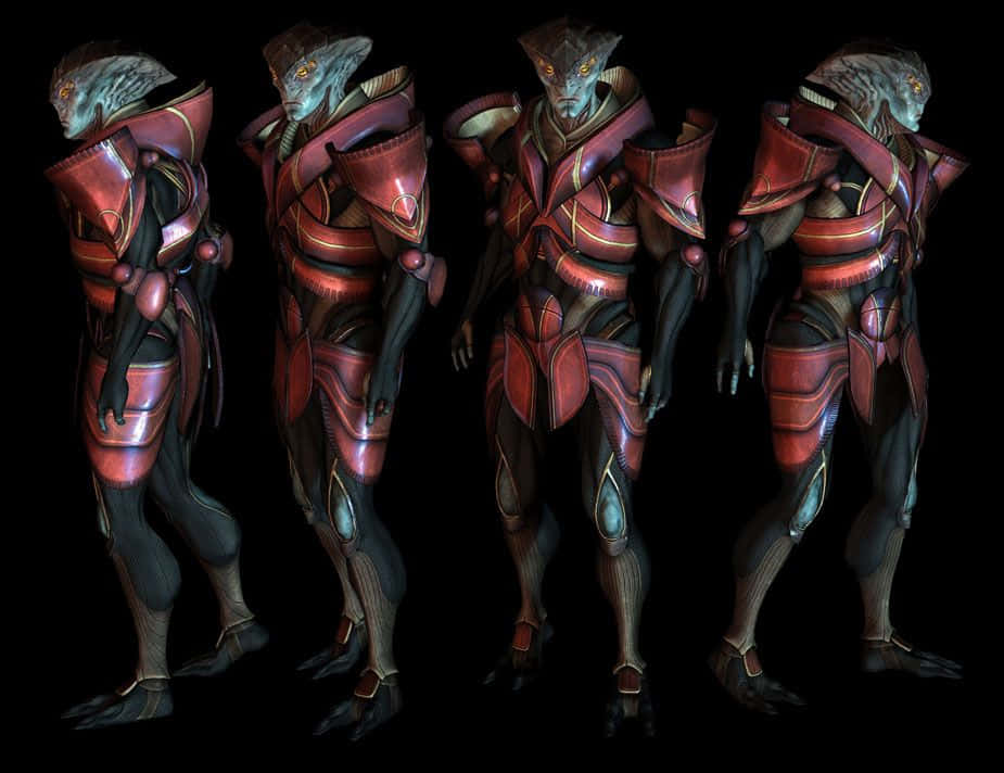 Mass Effect Javik 桌布 壁紙 — 四名身穿紅色和黑色裝甲服的外星戰士在黑色背景前側面站立。