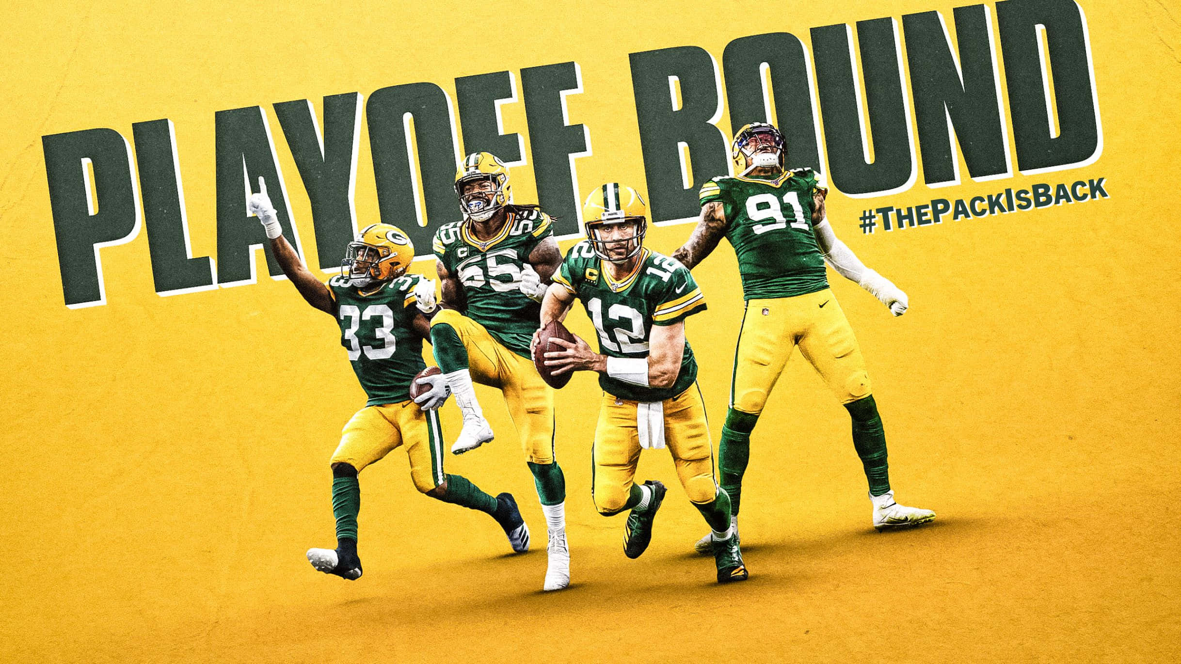 Packers 桌布 壁紙 — 四名身穿綠色和金色球衣的綠灣包裝工美式足球員在鮮黃色背景上動態慶祝，並帶有「PLAYOFF BOUND」字樣。