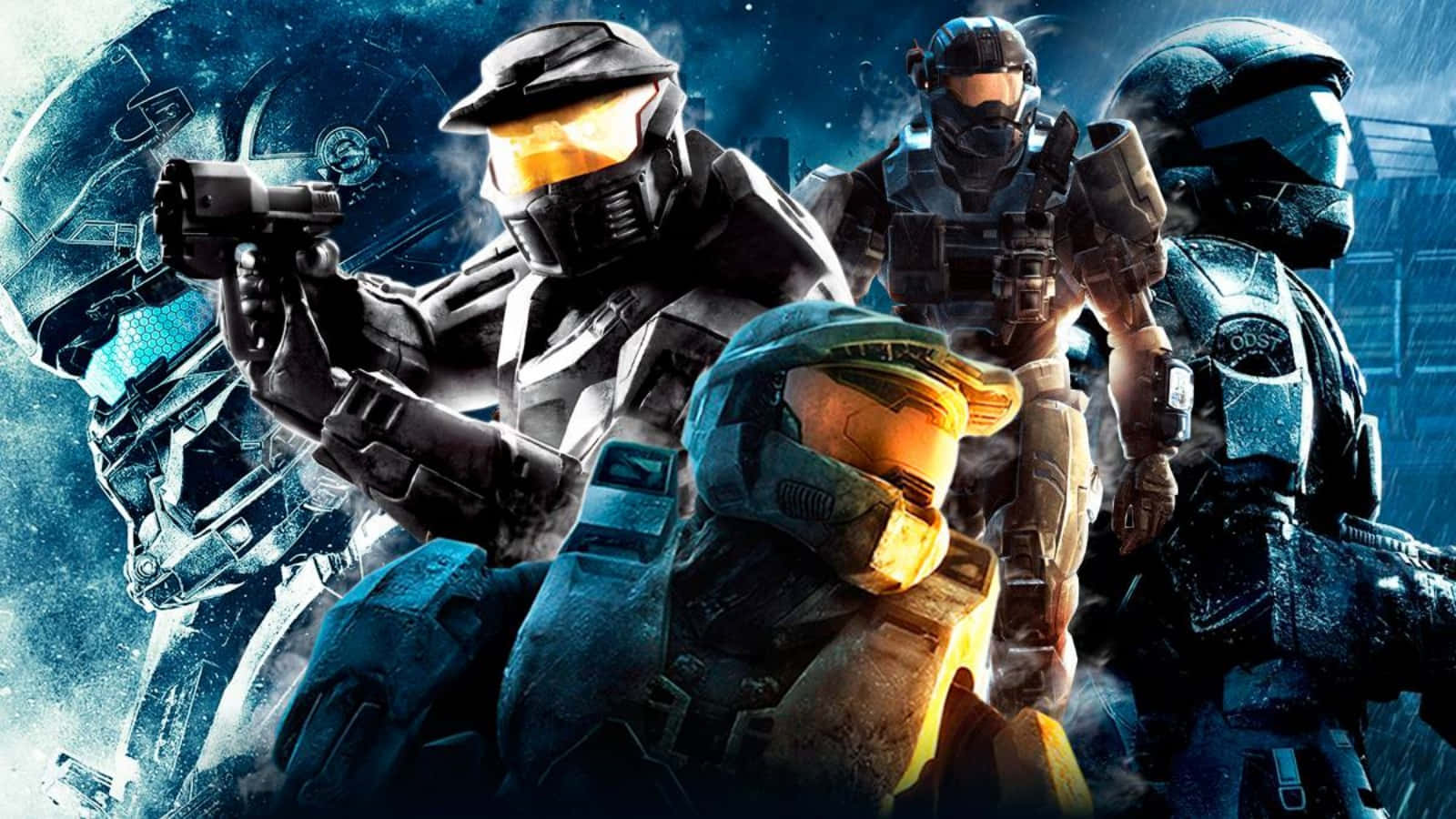 halo 桌布 壁紙 — 四名身穿裝甲、頭戴未來風格頭盔的士兵，在宇宙背景下手持武器準備就緒。