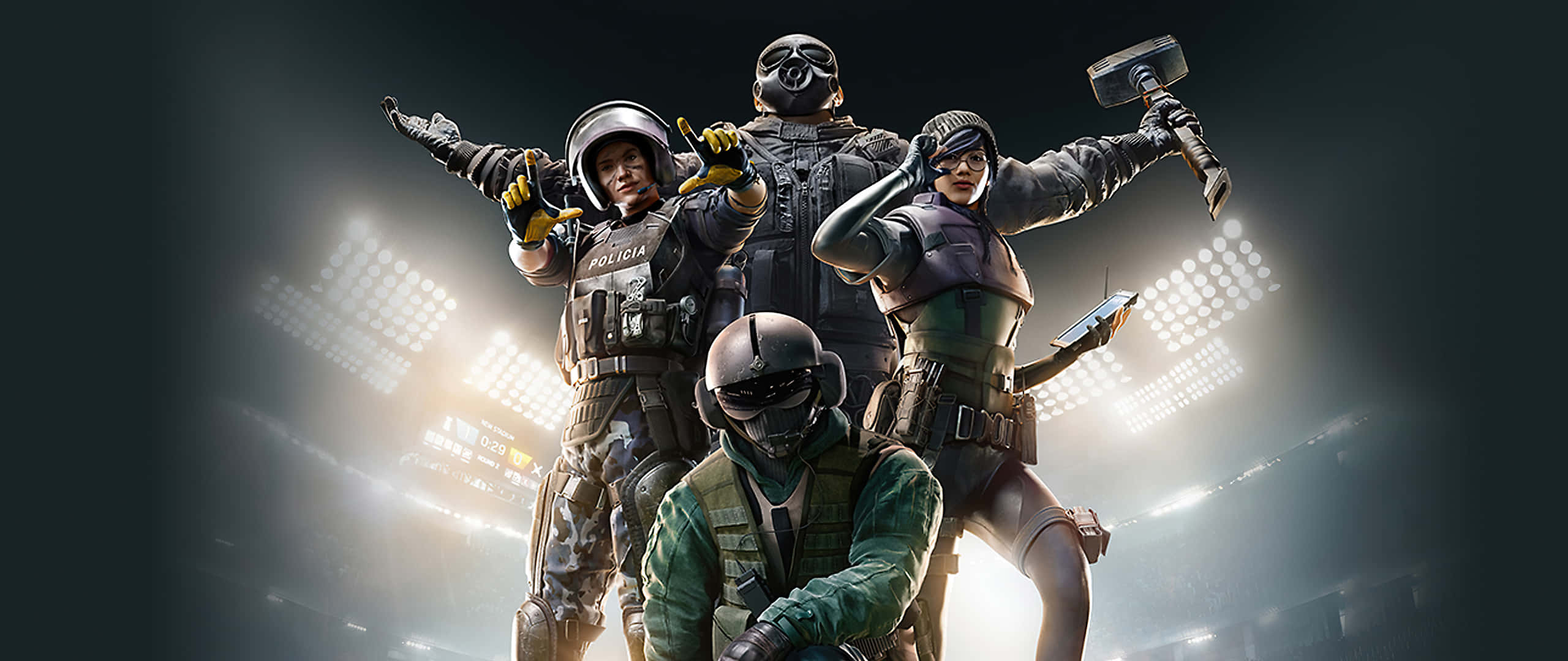 Rainbow Six Siege Operators 桌布 壁紙 — 四名身穿裝甲的戰術特工在黑暗競技場的明亮體育場燈光下英勇擺姿勢。