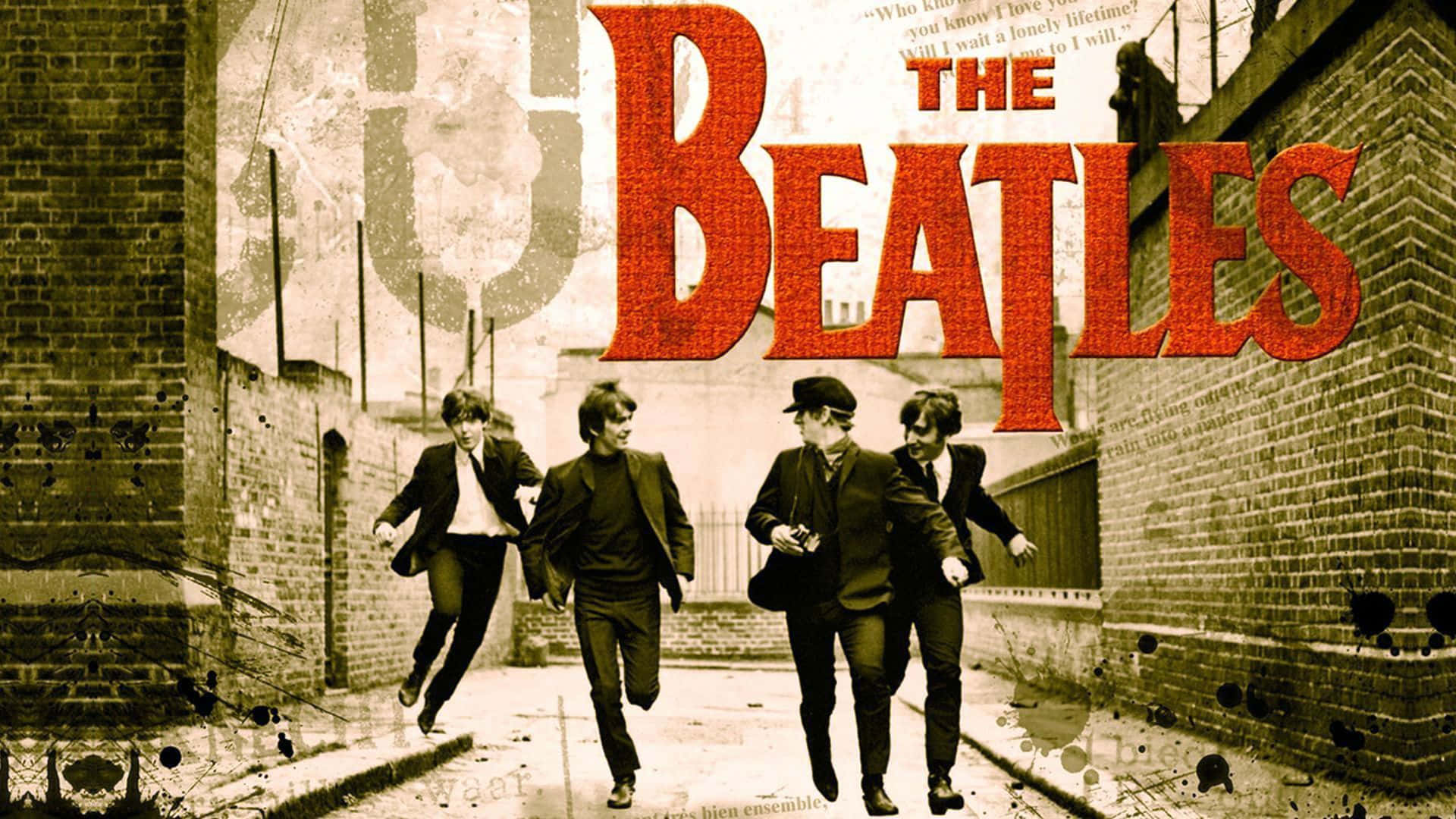 the beatles 桌布 壁紙 — 四名身穿西裝的男子在一個粗獷的小巷中奔跑，上方是醒目的紅色披頭四標誌，帶有復古文字疊加。
