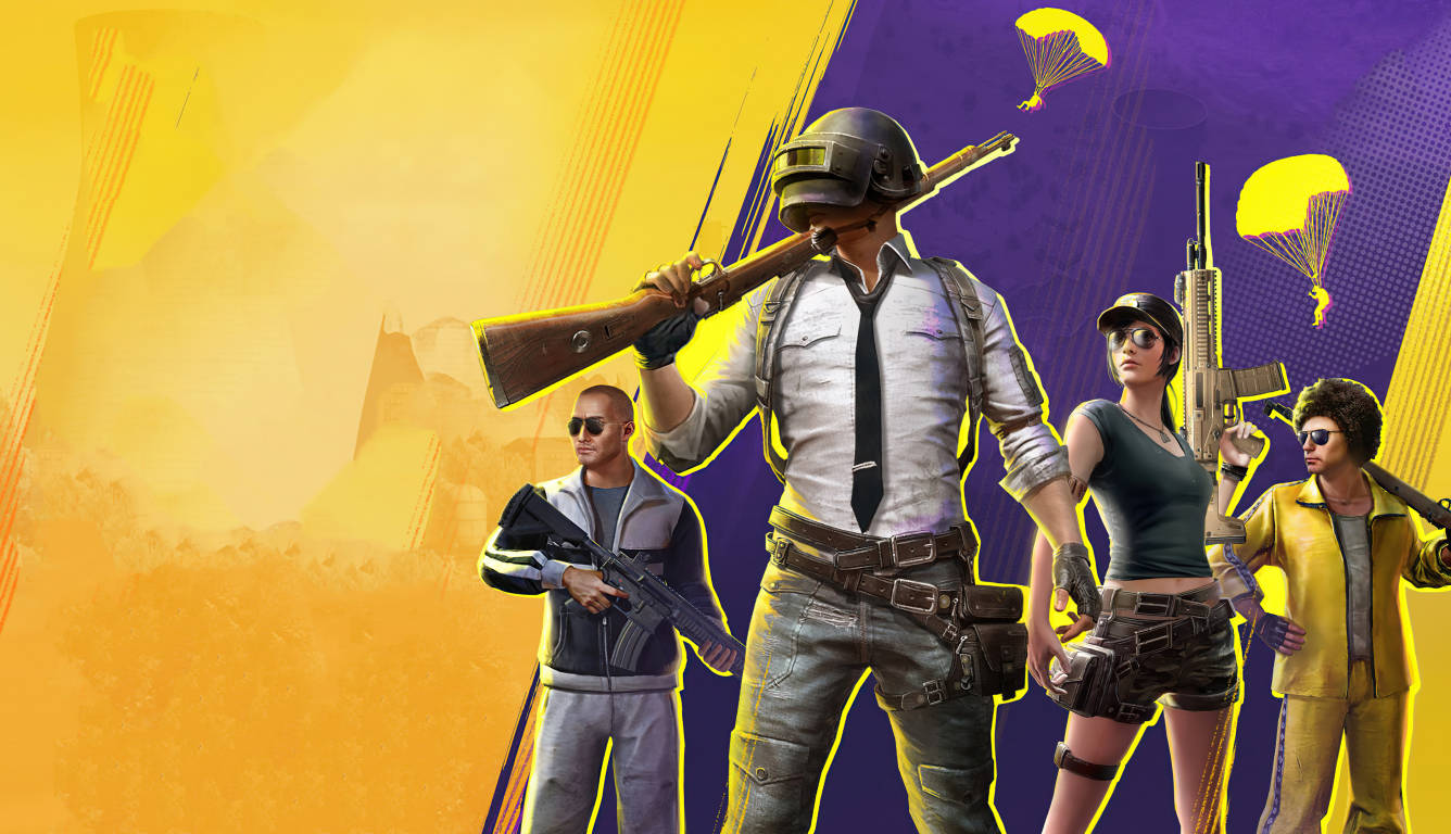 PUBG 桌布 壁紙 — 四名風格化的戰鬥裝備玩家自信地站在鮮豔的黃色和紫色漸變背景前，上方有降落傘漂浮。