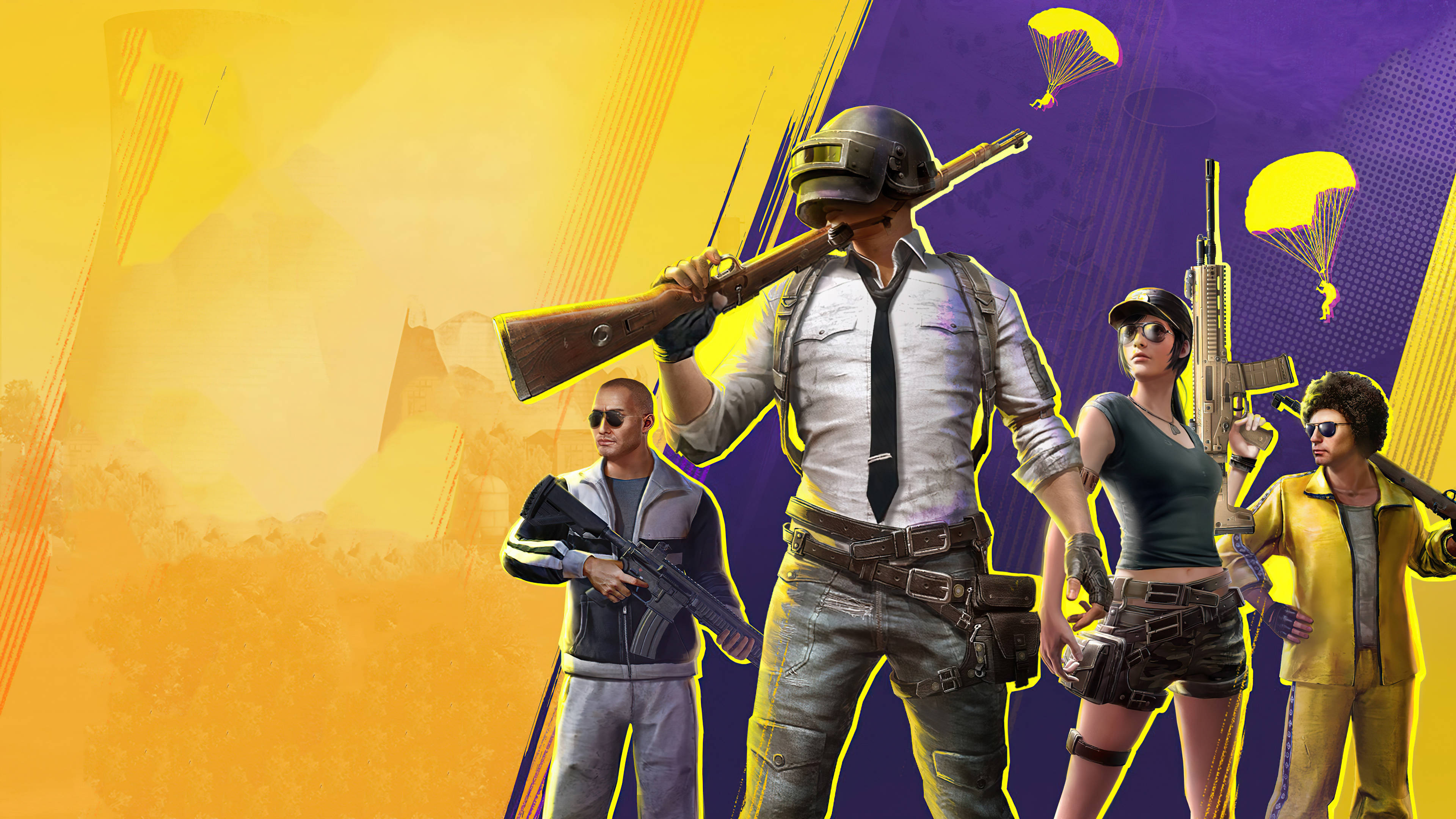 PUBG 桌布 壁紙 — 四名風格化的遊戲玩家身穿戰鬥裝備，手持步槍，在充滿活力的黃色和紫色漸變背景上準備就緒，並帶有降落傘。