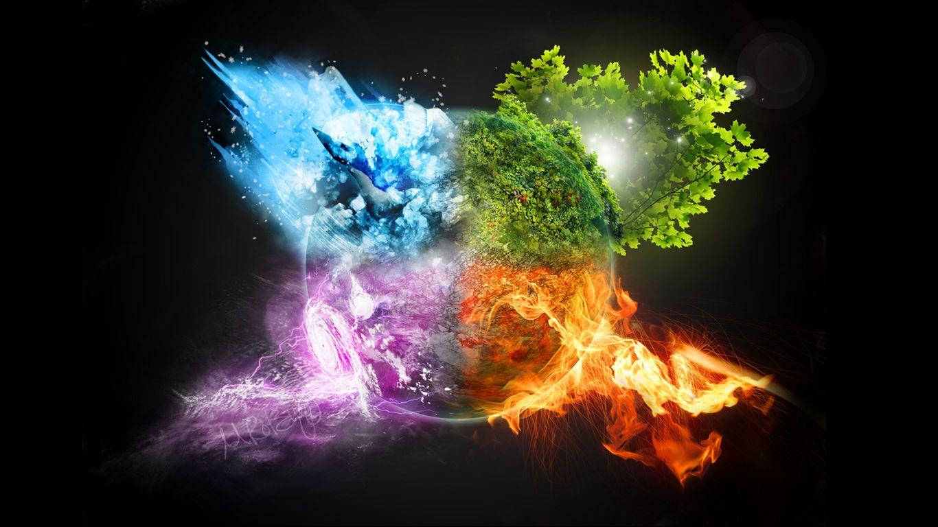 地球球體分裂成冰、閃電、風、火和綠色樹葉，在黑色背景上發光。