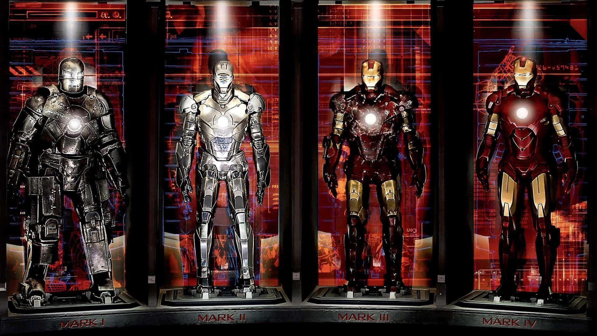 Iron Man Suit 桌布 壁紙 — 四套鐵甲奇俠戰衣展示在玻璃陳列櫃中，帶有發光的弧形反應器和紅色數碼背景。
