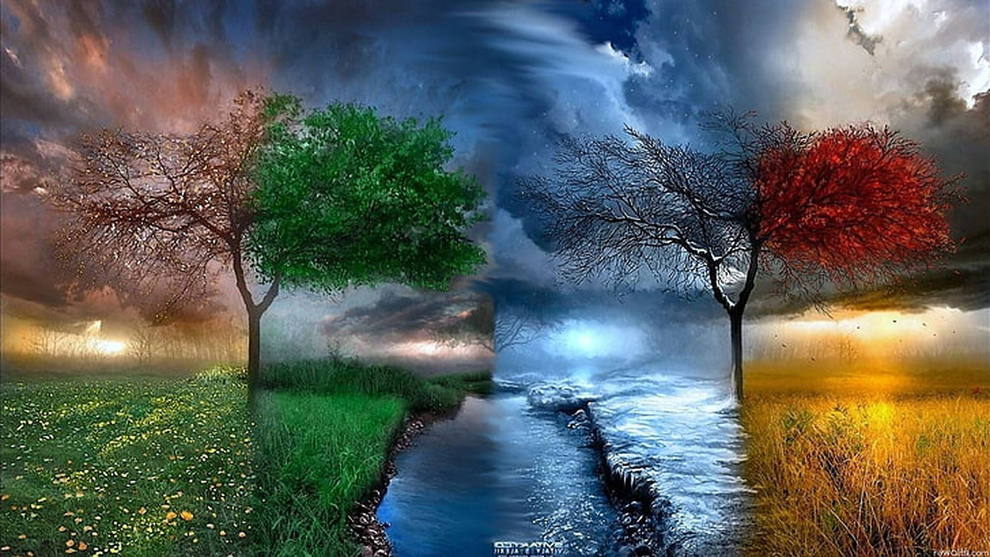 四季天氣合集 壁紙 — 一條超現實的河流在戲劇性的暴風雨天空下，將田野分成春天的綠色和秋天的紅色樹木。