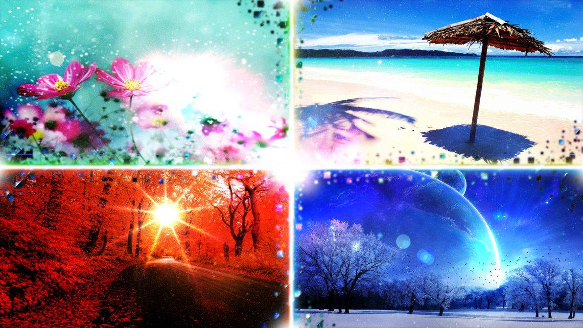 四幅超現實場景：發光的花朵、熱帶海灘、熾熱的森林小徑、白雪覆蓋的外星風景。