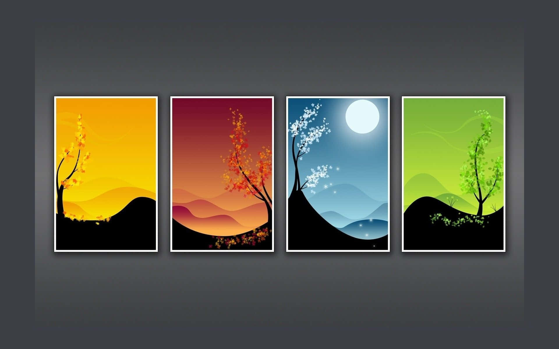 四幅裱框抽象風景藝術作品，展示不同季節的樹木。