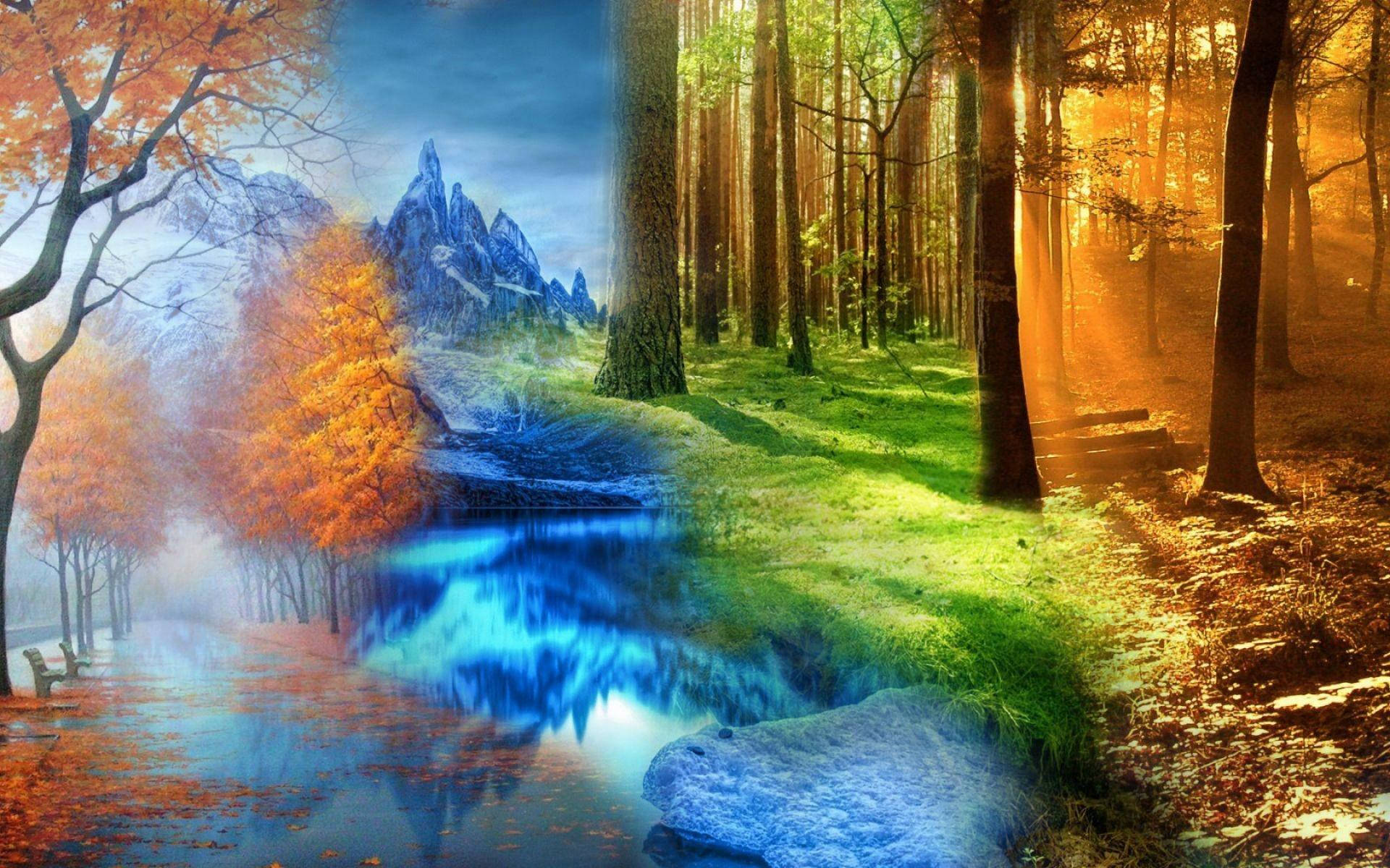 四季風景圖 壁紙 — 一條超現實的森林河流分成秋天的橙色和冰藍色兩半，有山脈和陽光。