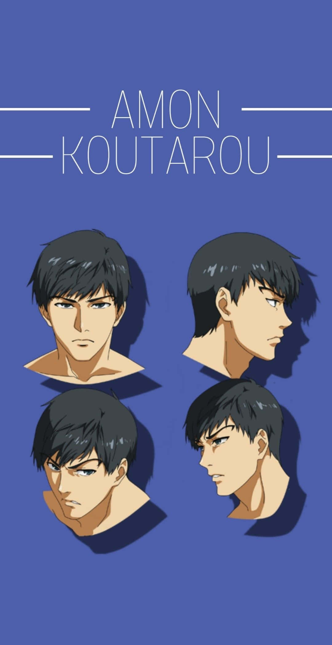 Koutarou Amon 桌布 壁紙 — 四幅動漫風格嘅肖像畫，描繪一個黑髮年輕男子喺純藍色背景上從唔同角度展示。